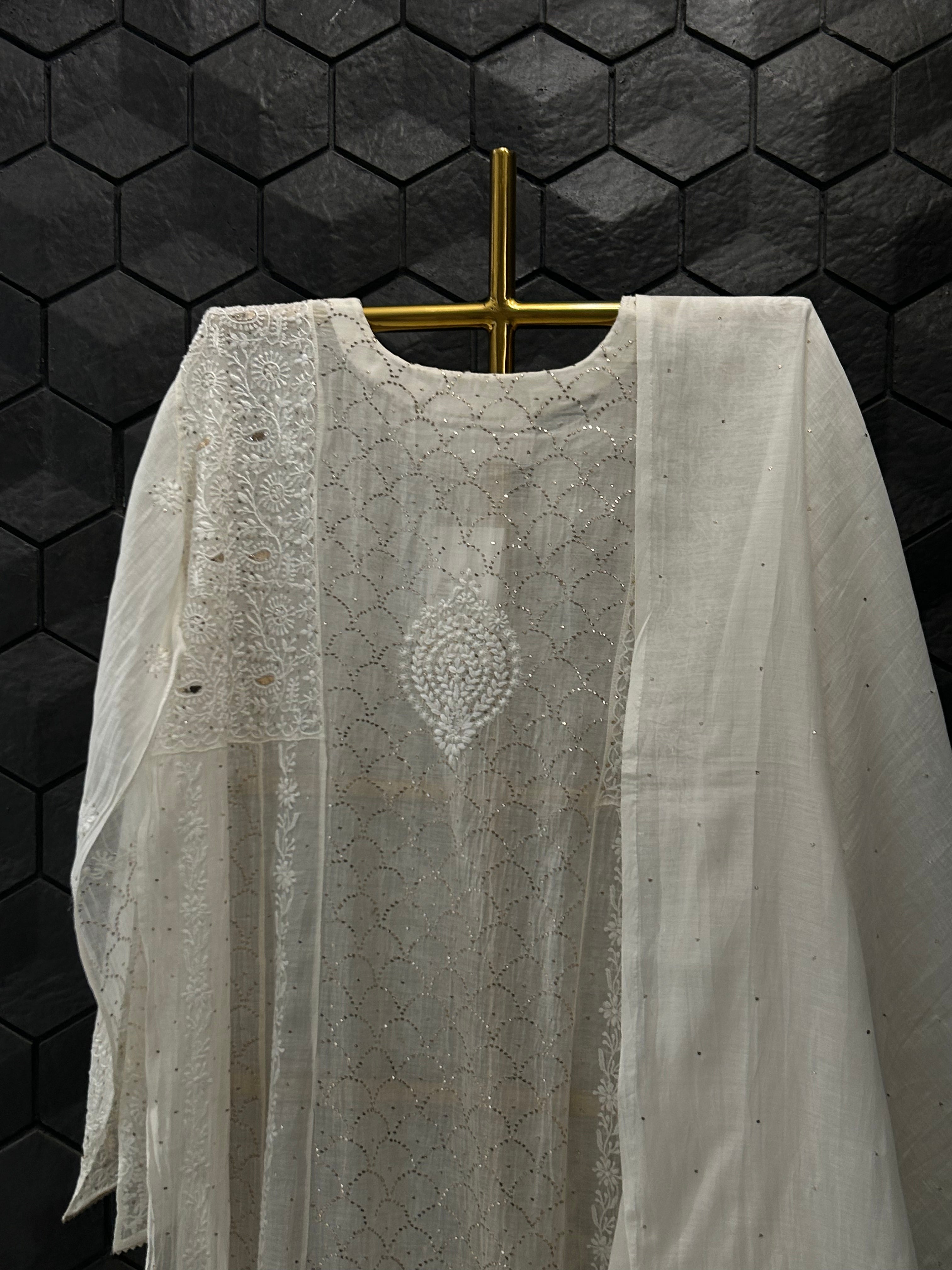 White Mul Chanderi Chikankari Anarkali Set