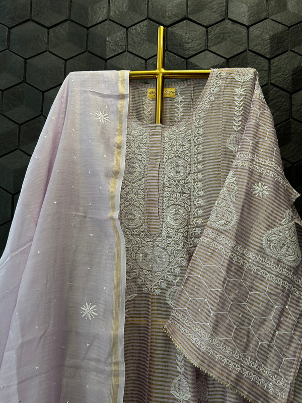 Lilac Striped Tissue Chikankari Anarkali Set