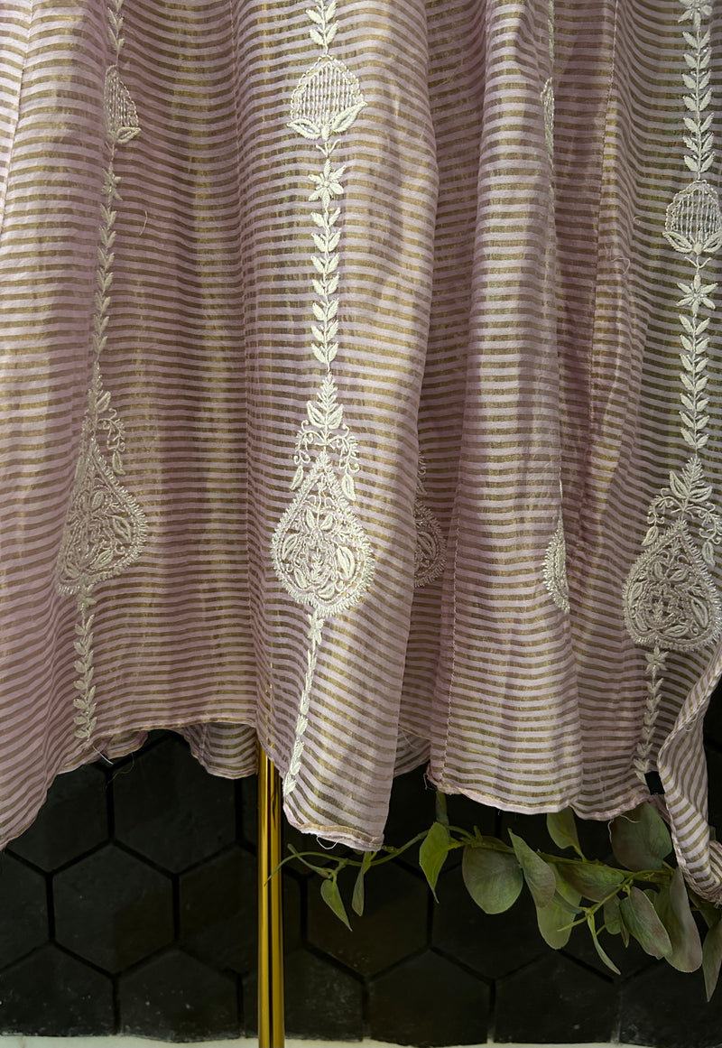 Lilac Striped Tissue Chikankari Anarkali Set