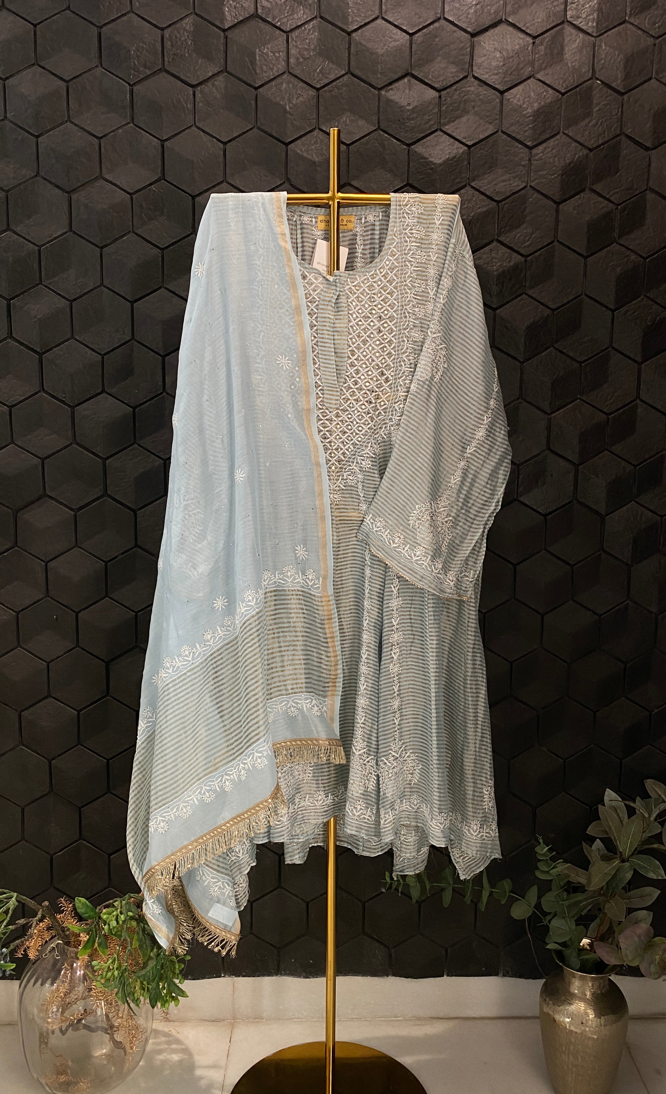 Powder Blue Striped Tissue Chikankari Anarkali Set