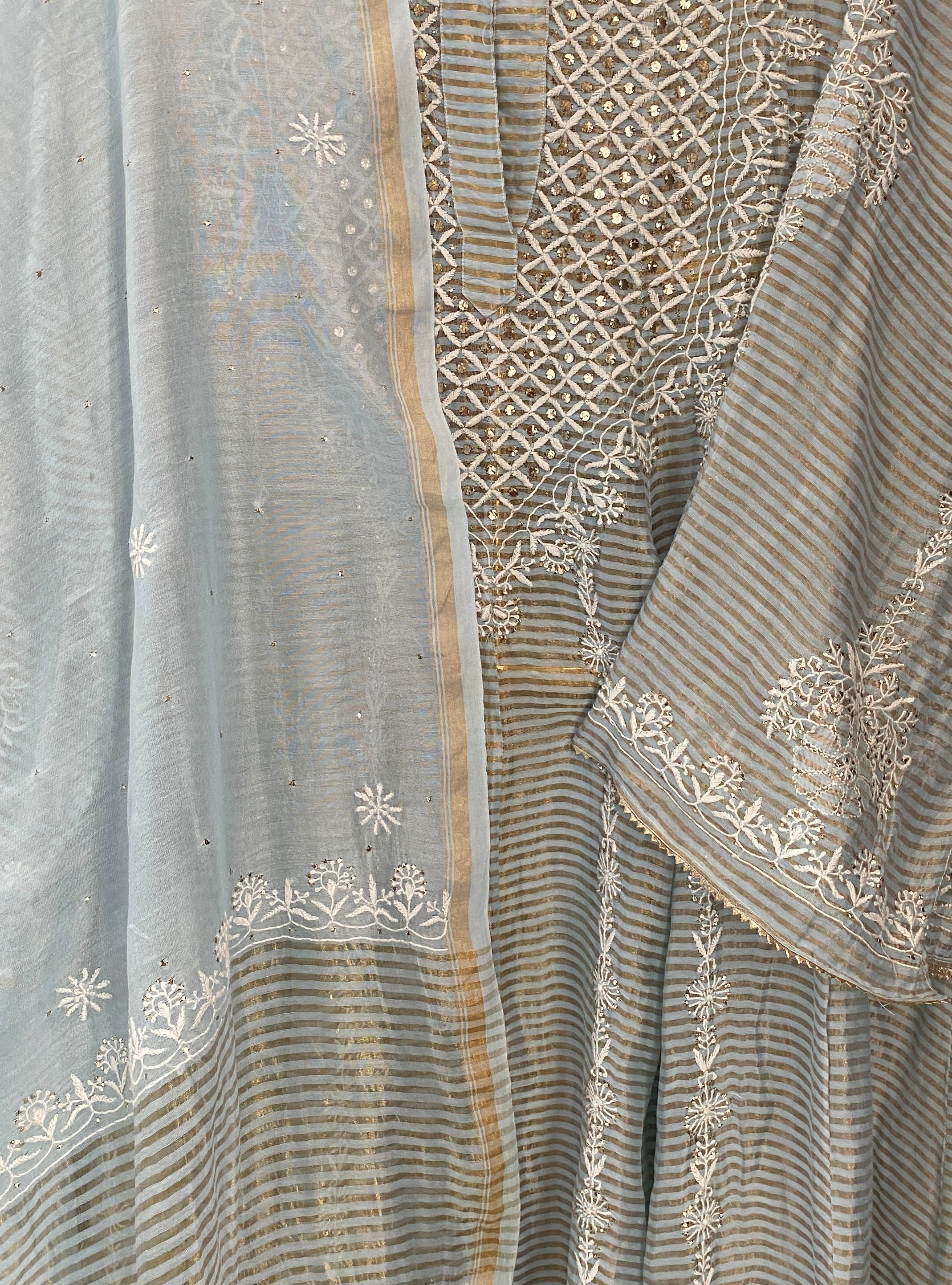 Powder Blue Striped Tissue Chikankari Anarkali Set