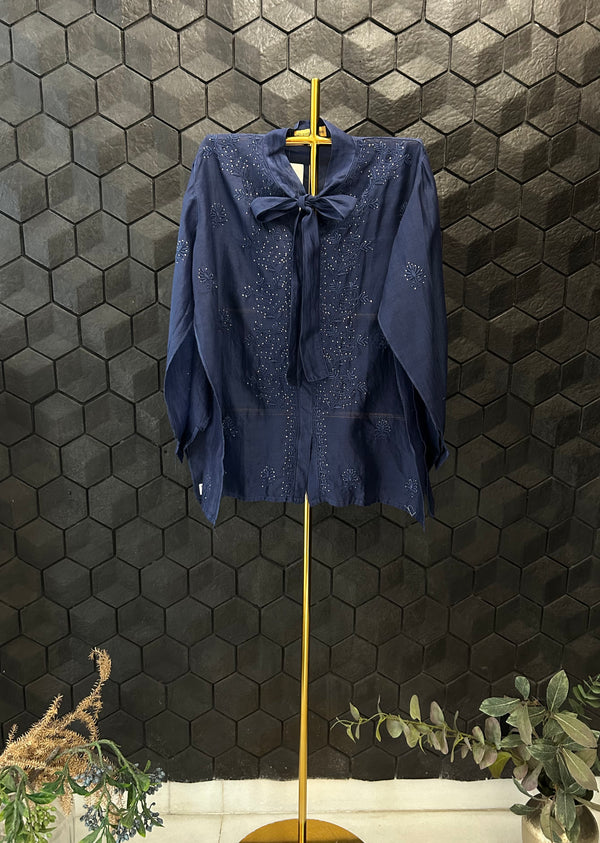 Cobalt Blue Chanderi Chikankari Short Shirt
