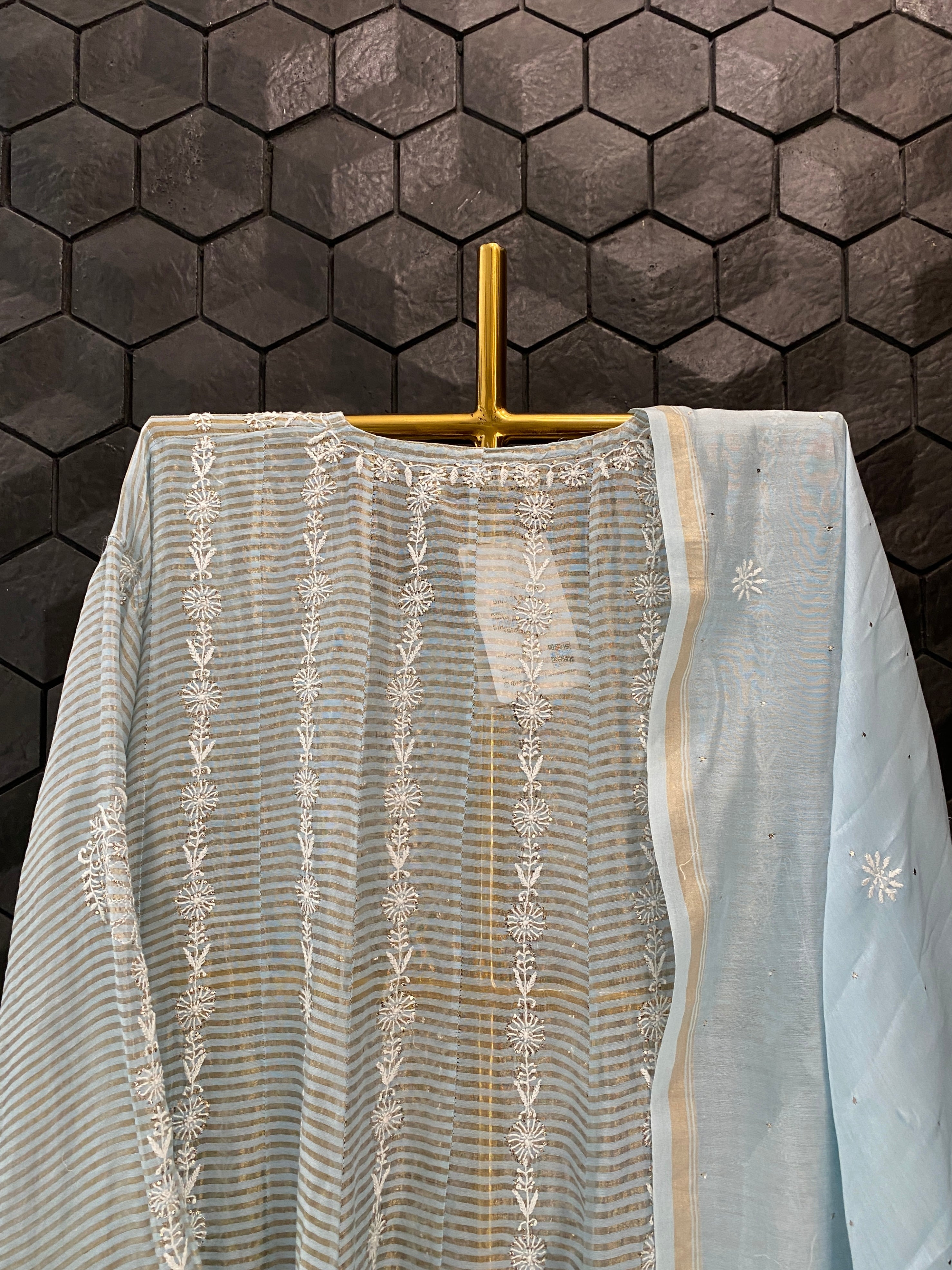 Powder Blue Striped Tissue Chikankari Anarkali Set