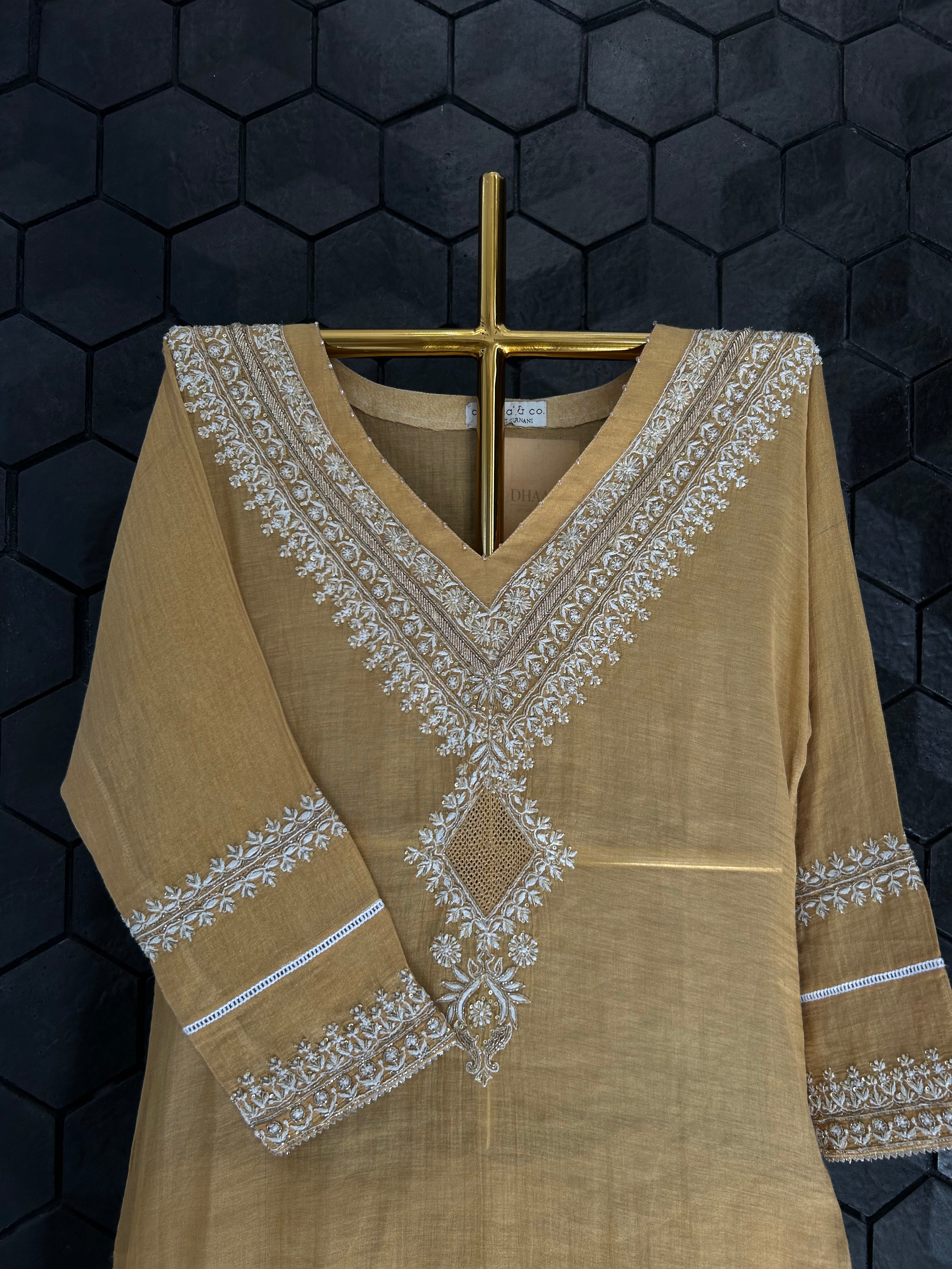 Mustard Tissue Chikankari Kurta Set