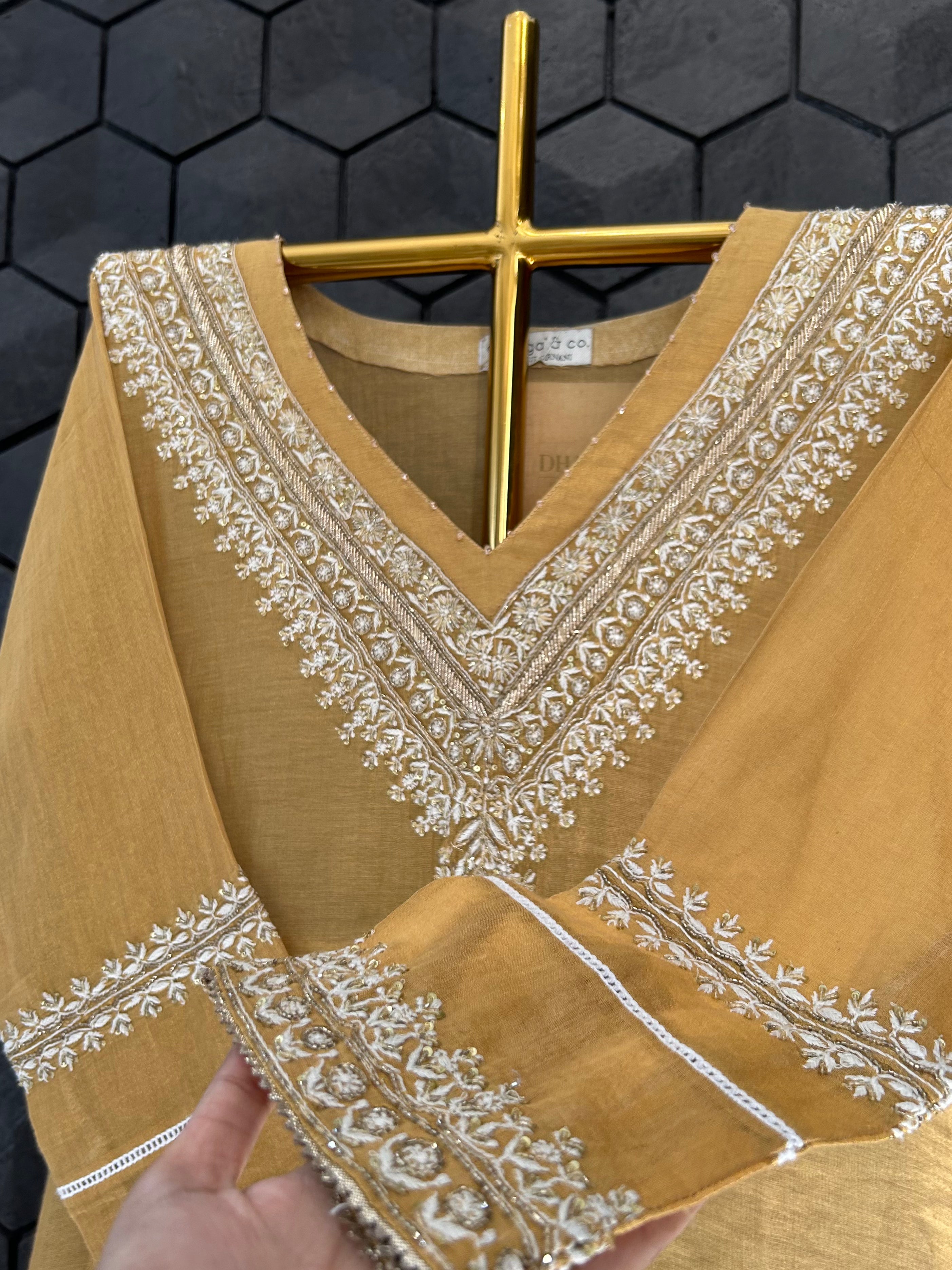 Mustard Tissue Chikankari Kurta Set