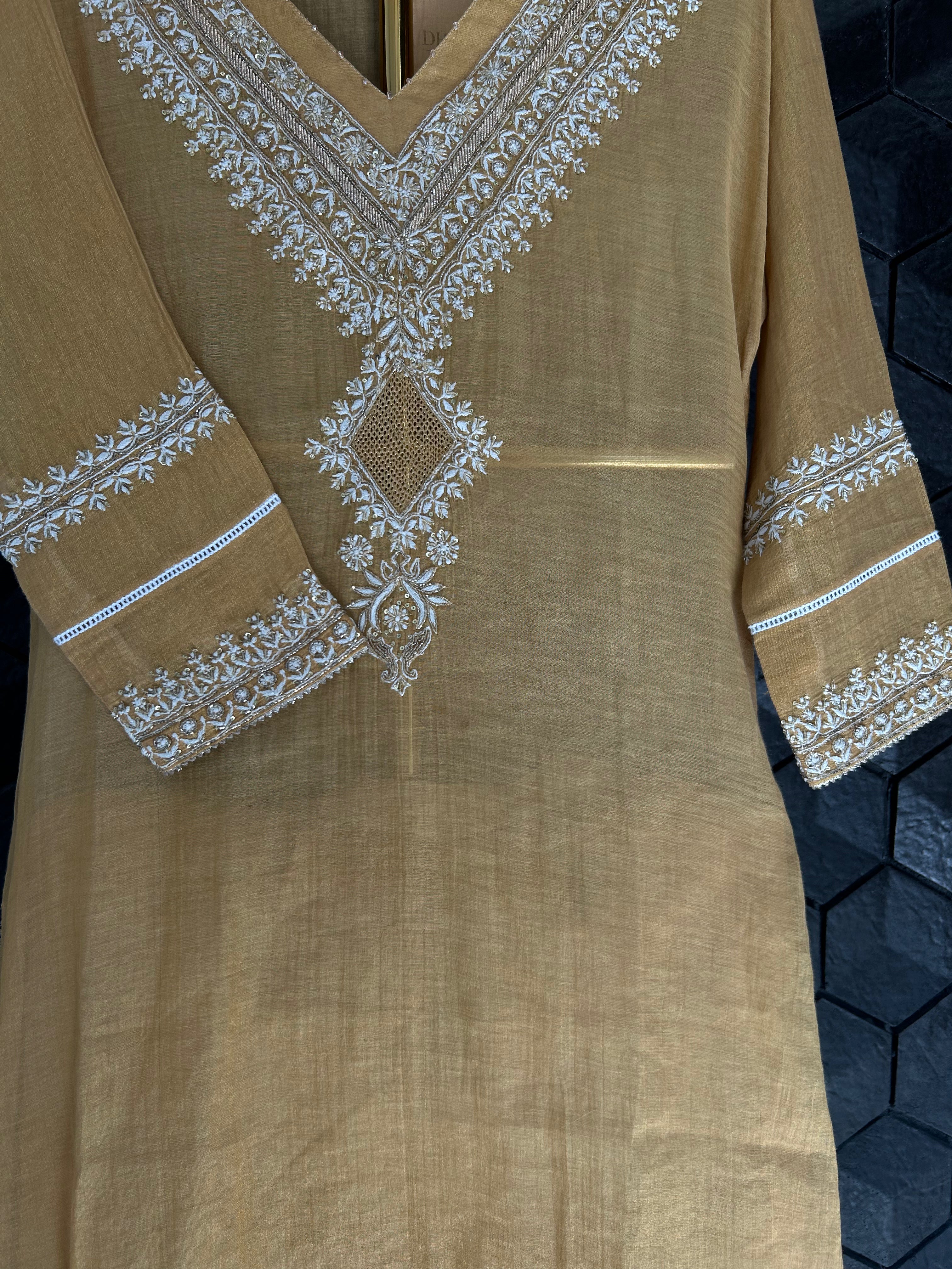 Mustard Tissue Chikankari Kurta Set