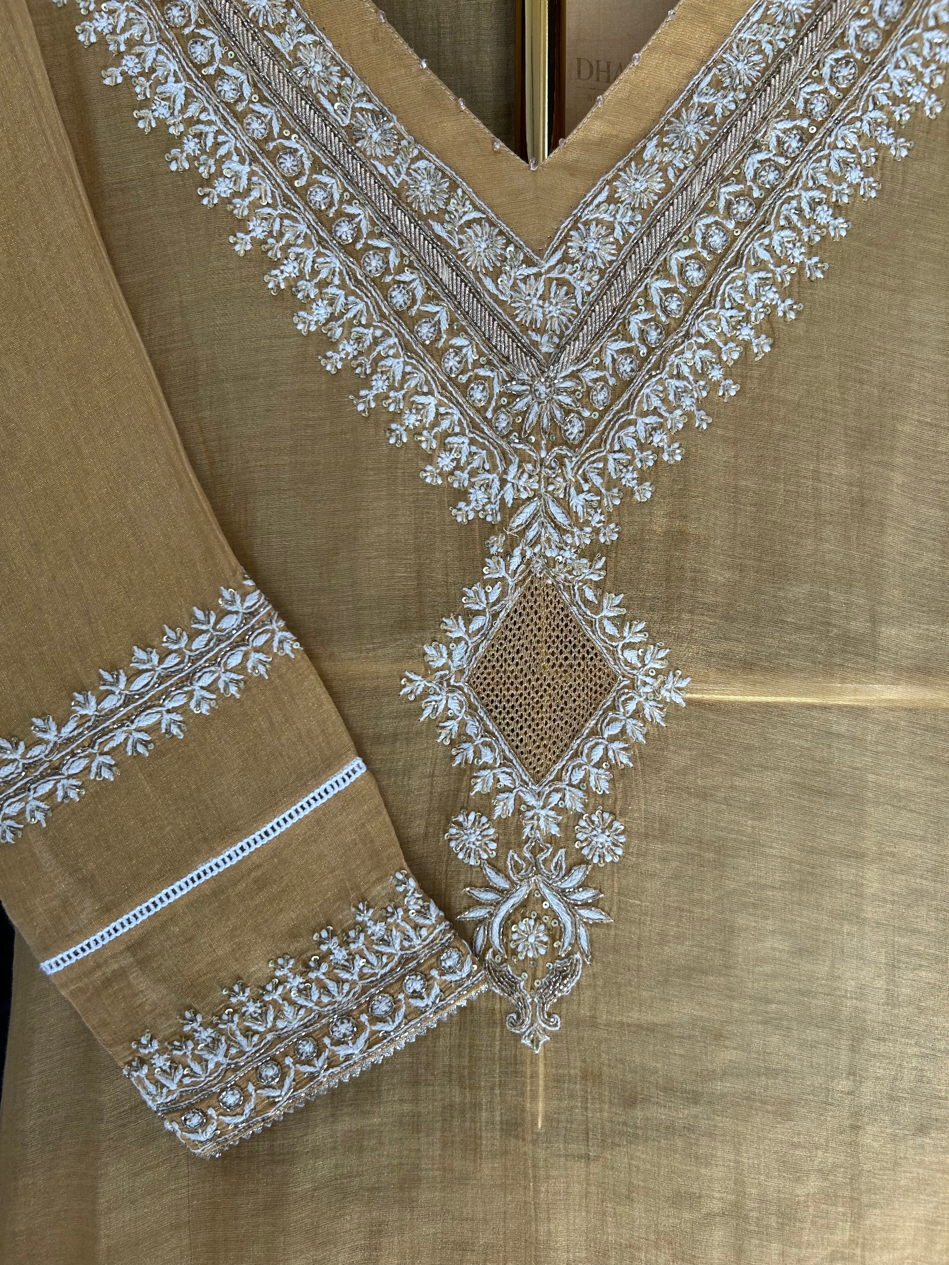 Mustard Tissue Chikankari Kurta Set