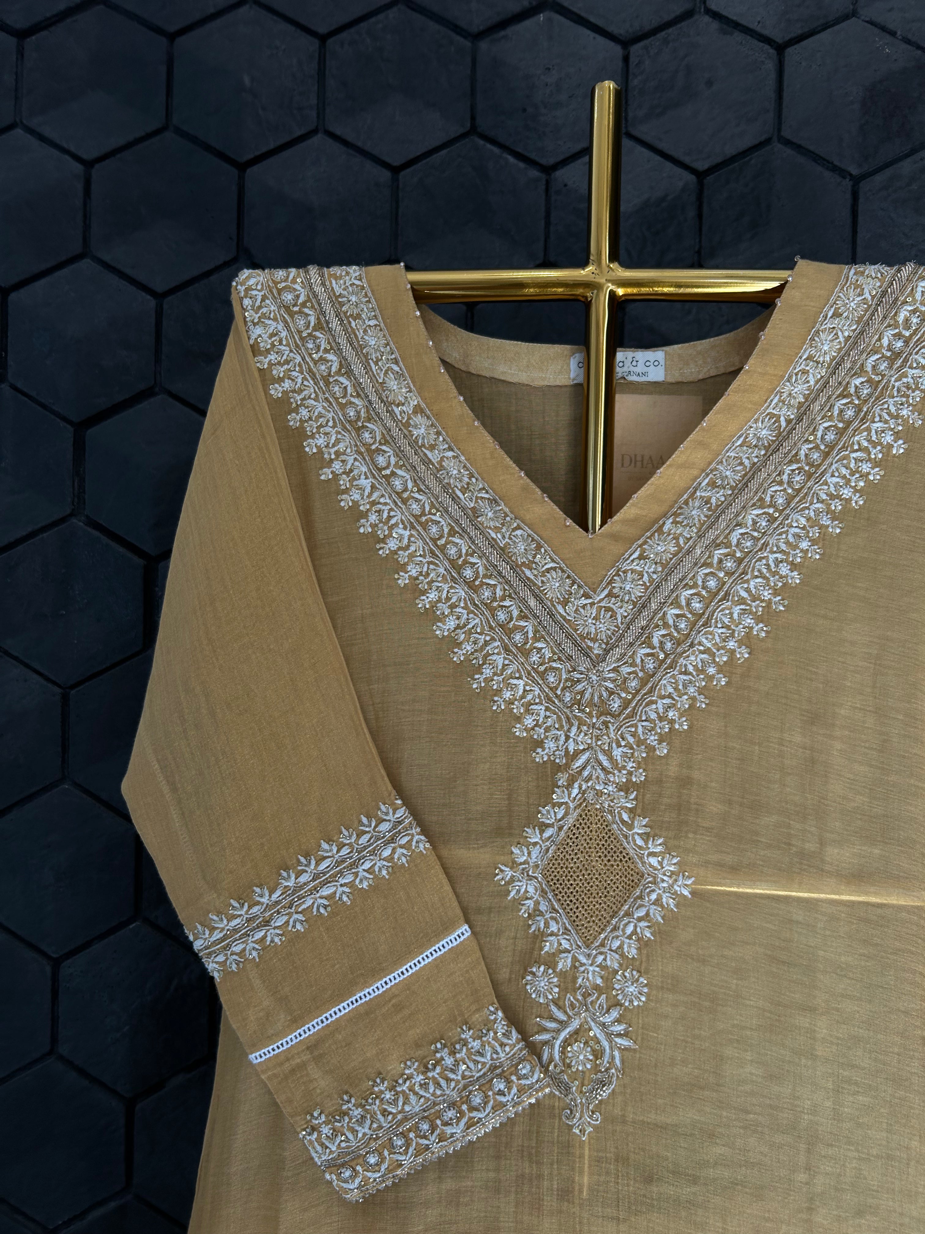 Mustard Tissue Chikankari Kurta Set