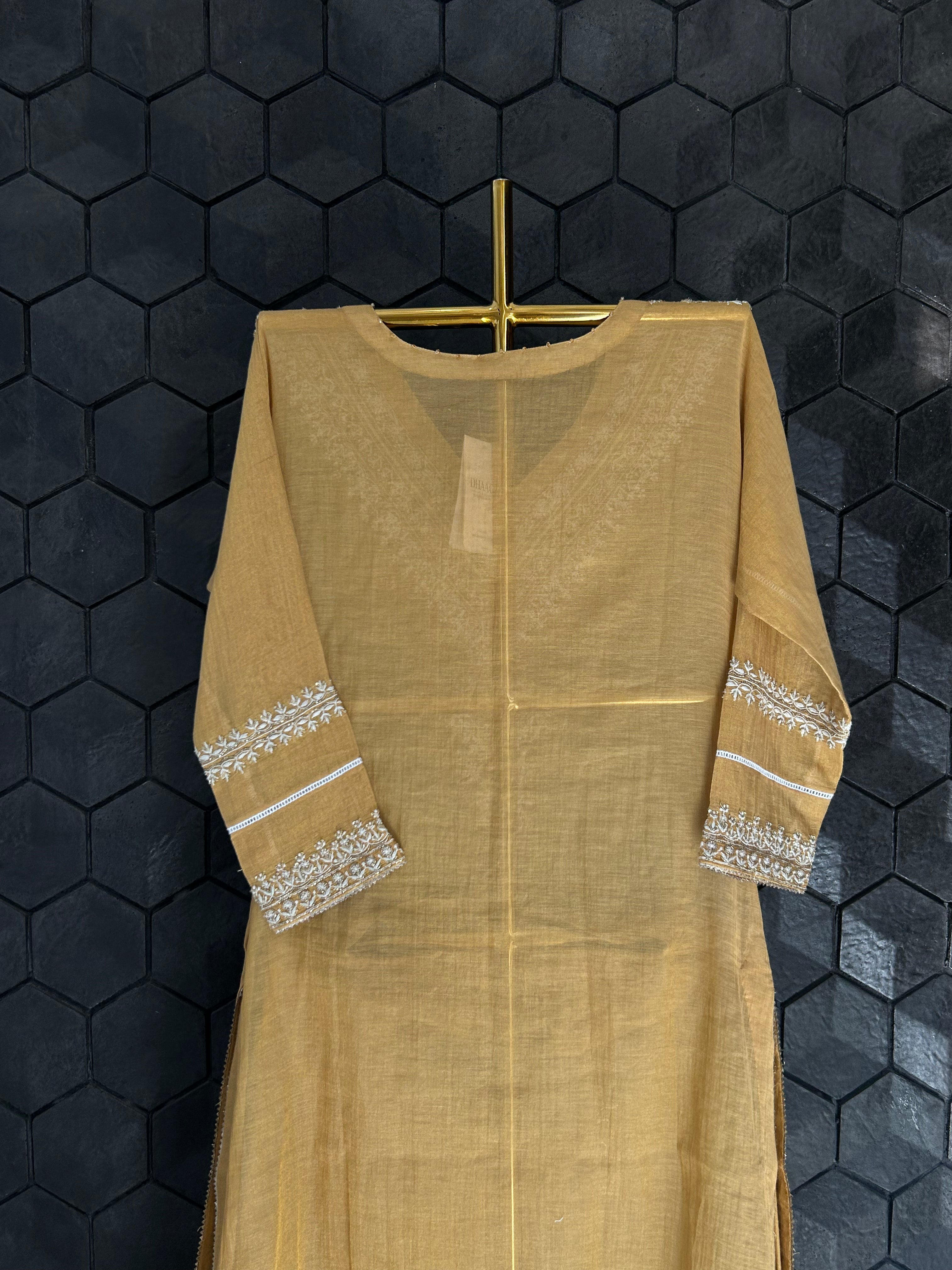 Mustard Tissue Chikankari Kurta Set