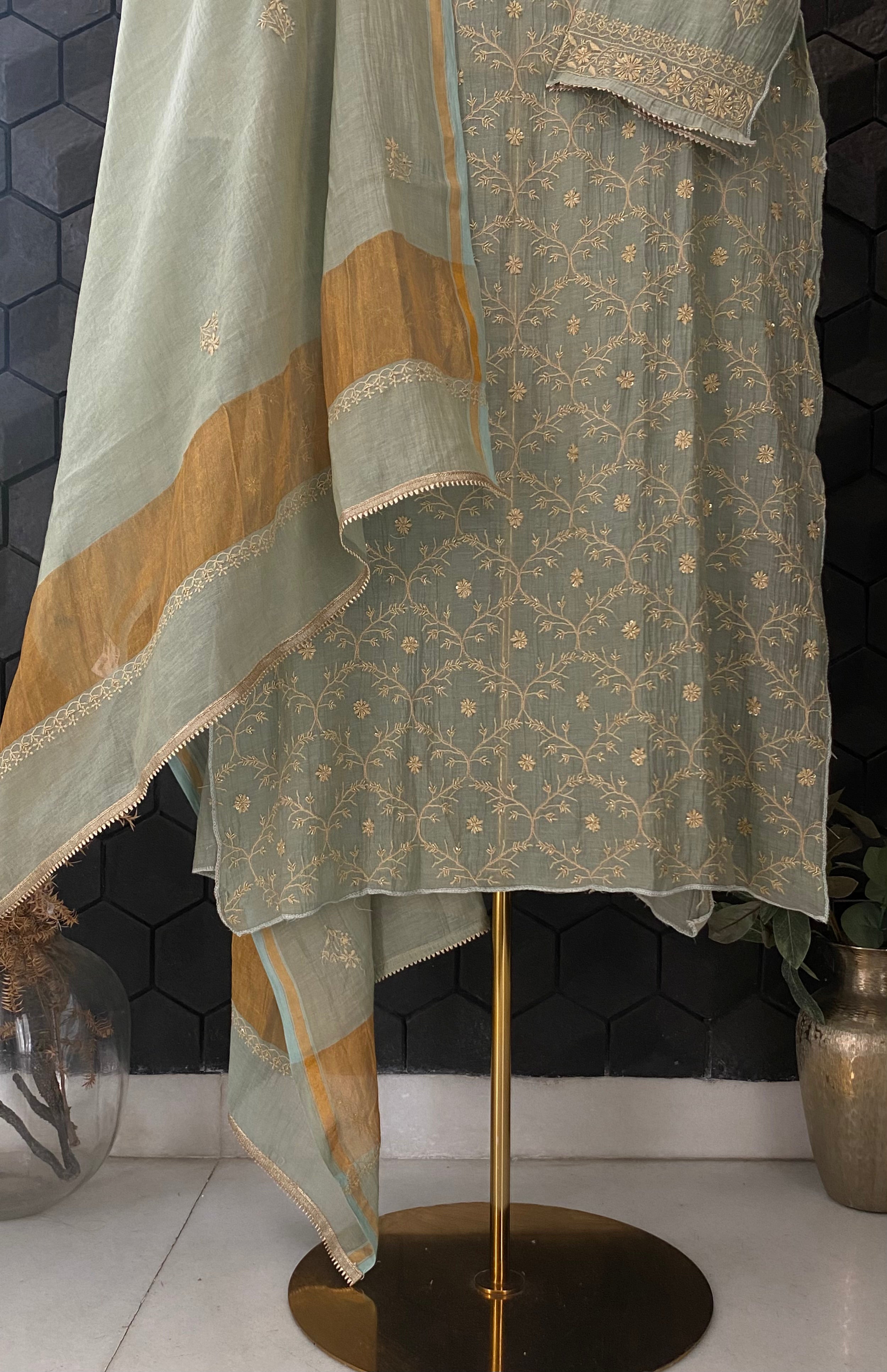 Sage Green Tissue Chikankari Kurta Set