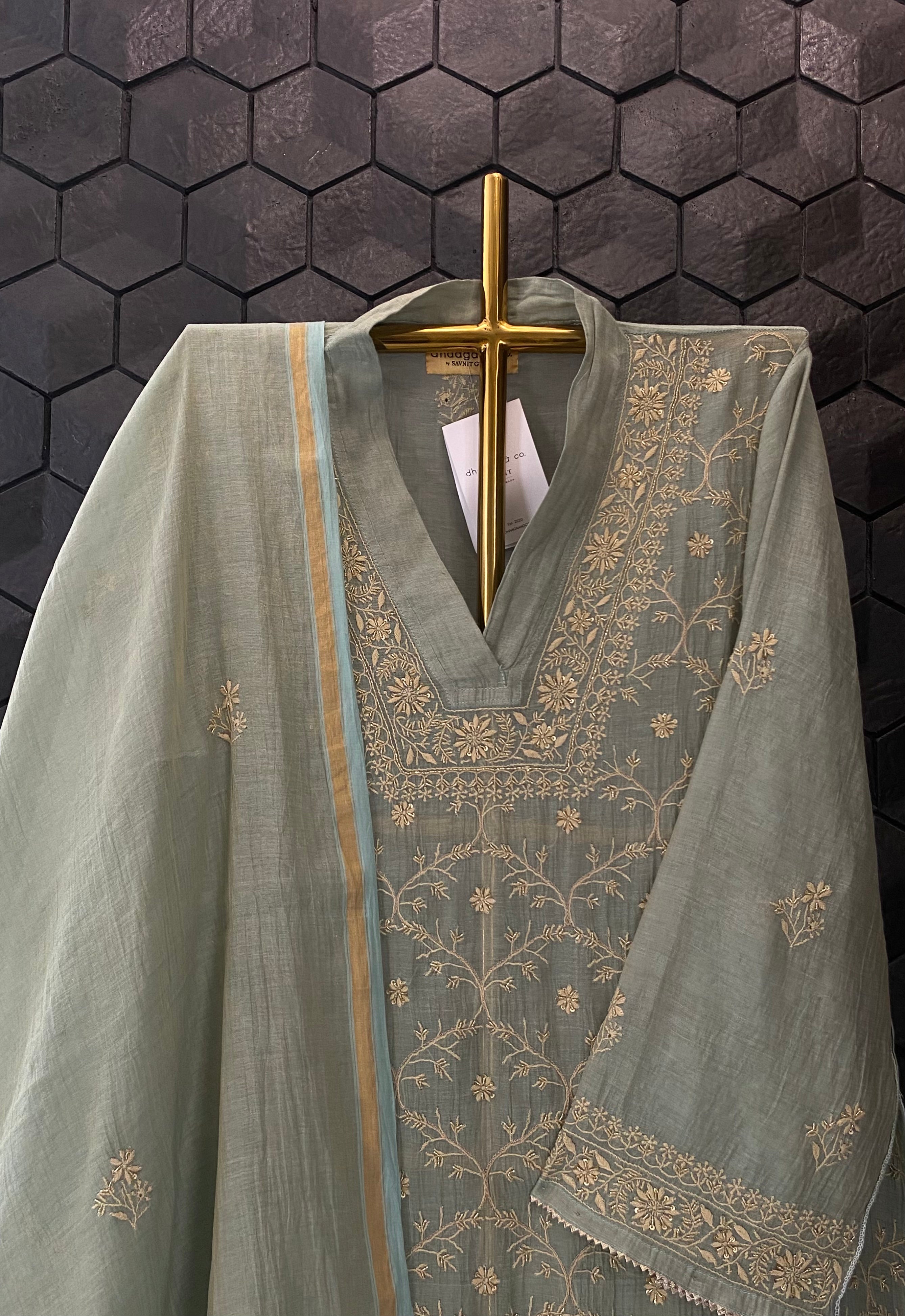 Sage Green Tissue Chikankari Kurta Set
