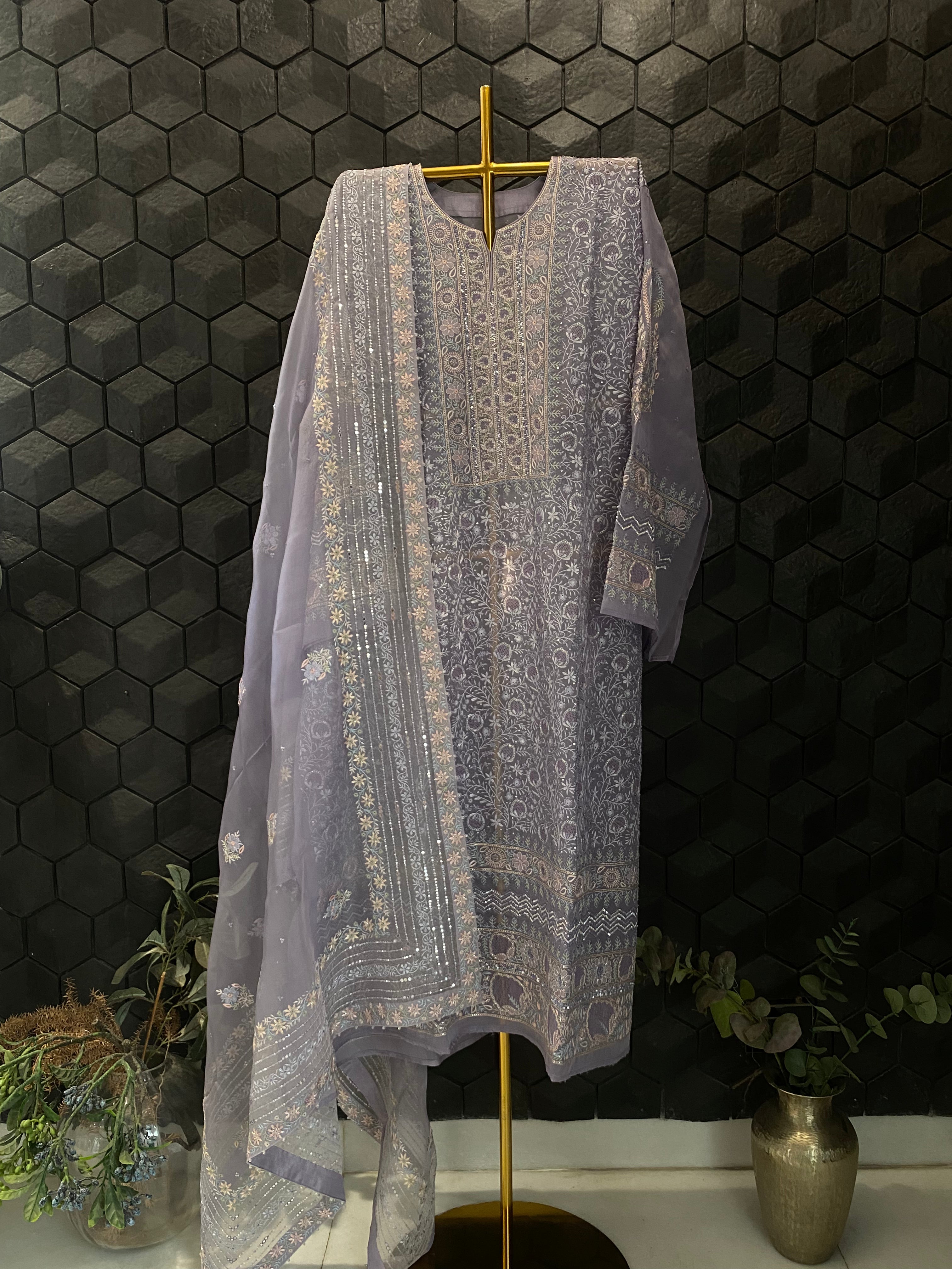 Premium Powder Blue Organza Chikankari Kurta Set