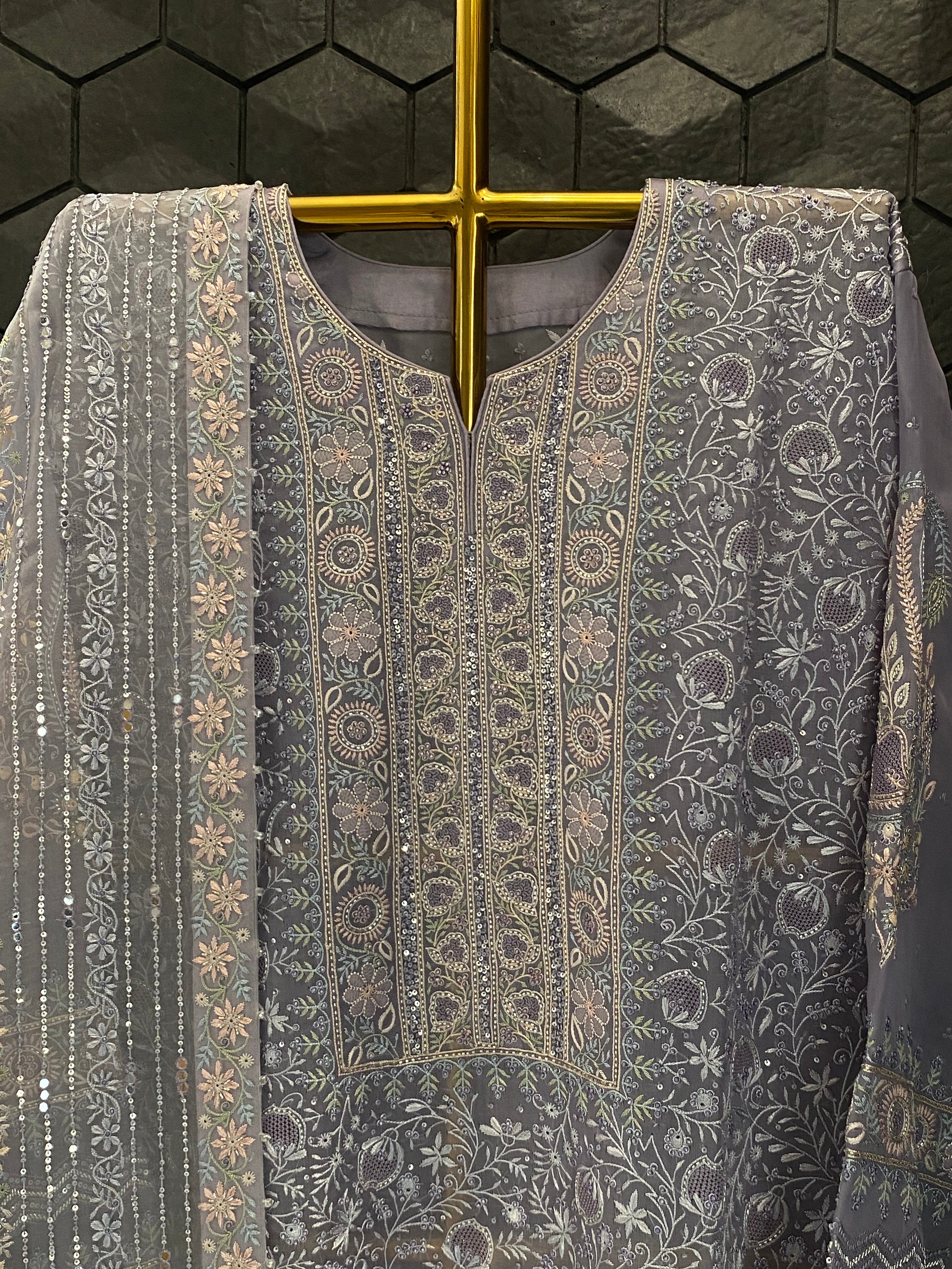Premium Powder Blue Organza Chikankari Kurta Set