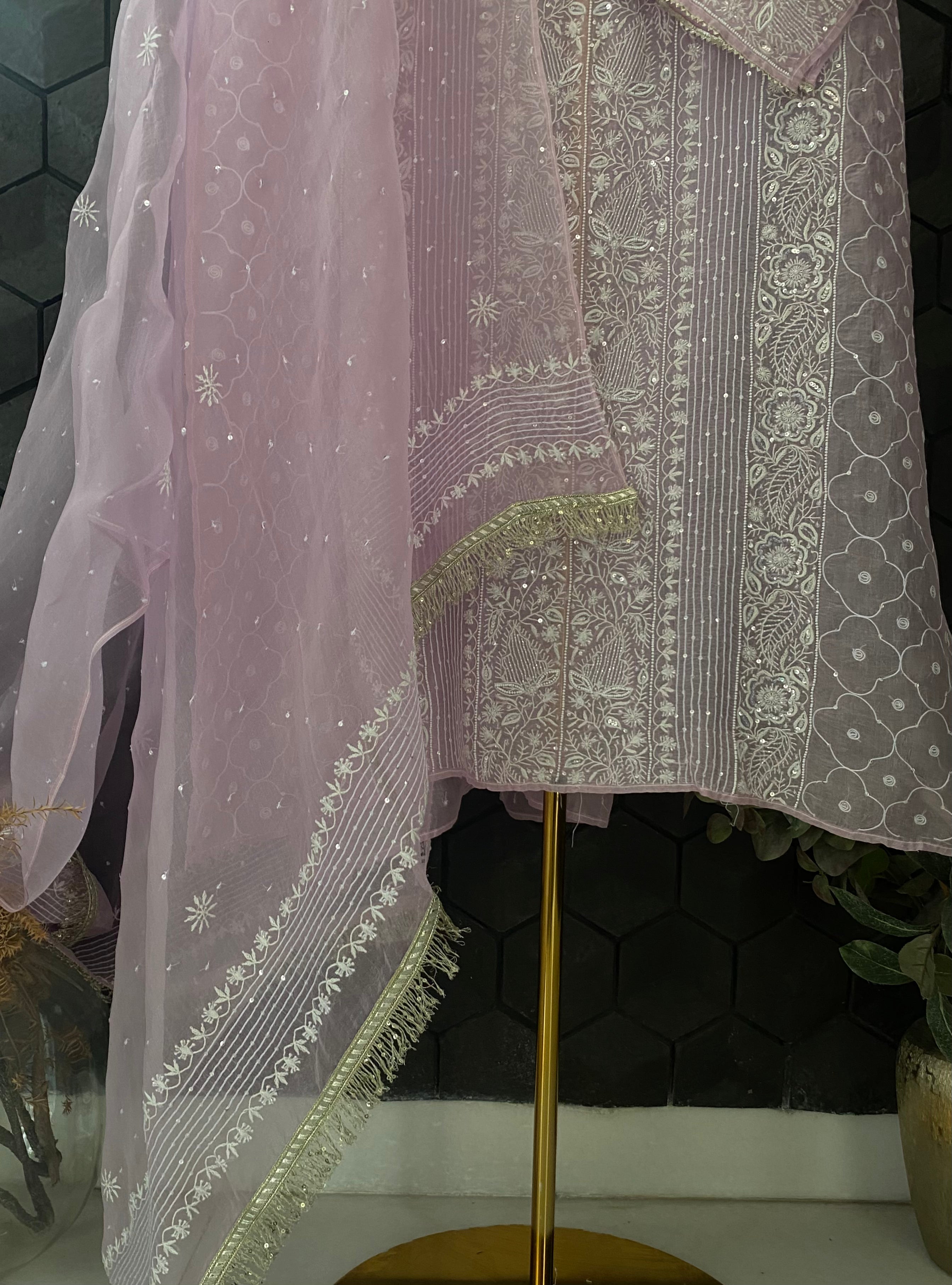 Lilac Organza Chikankari Kurta Set