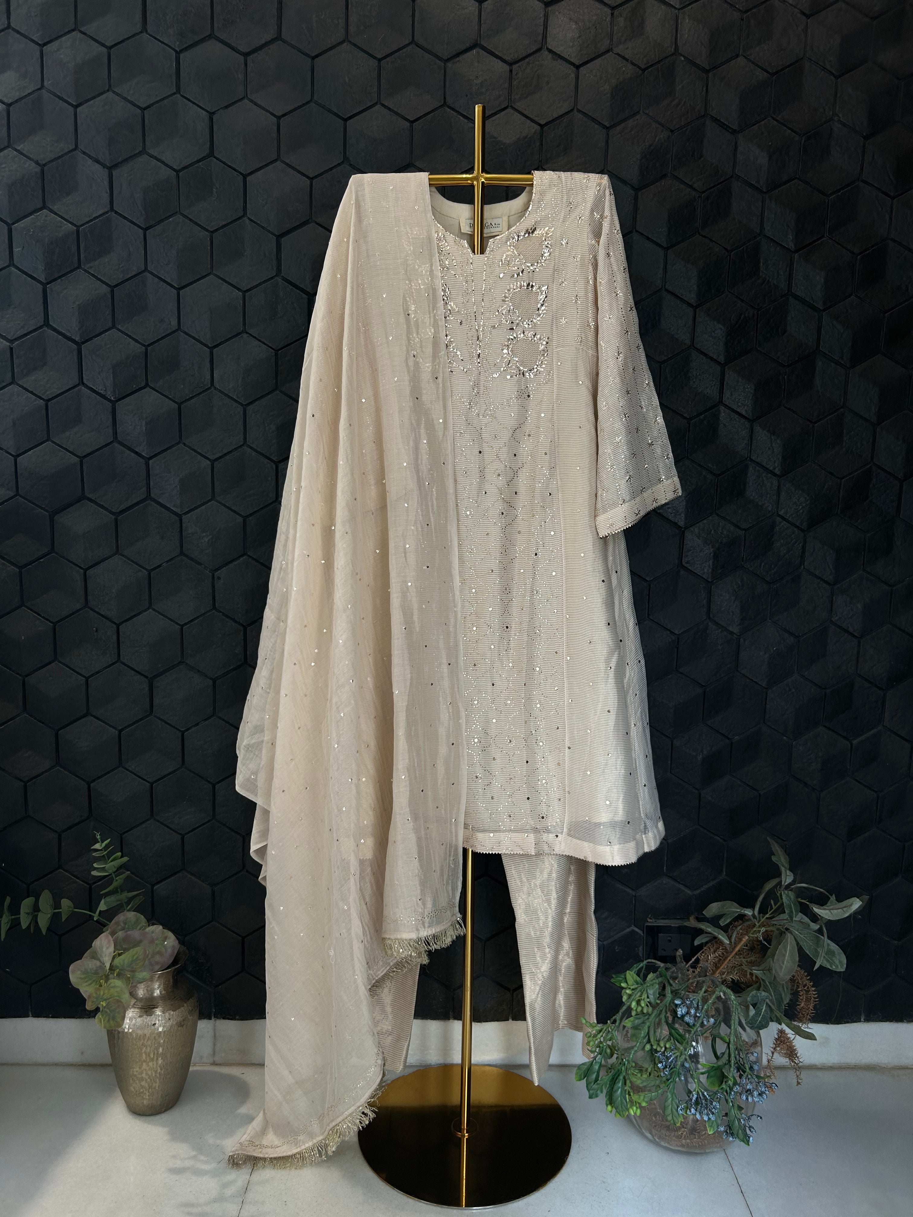 Beige Golden Tissue Mukaish A-Line Suit Set