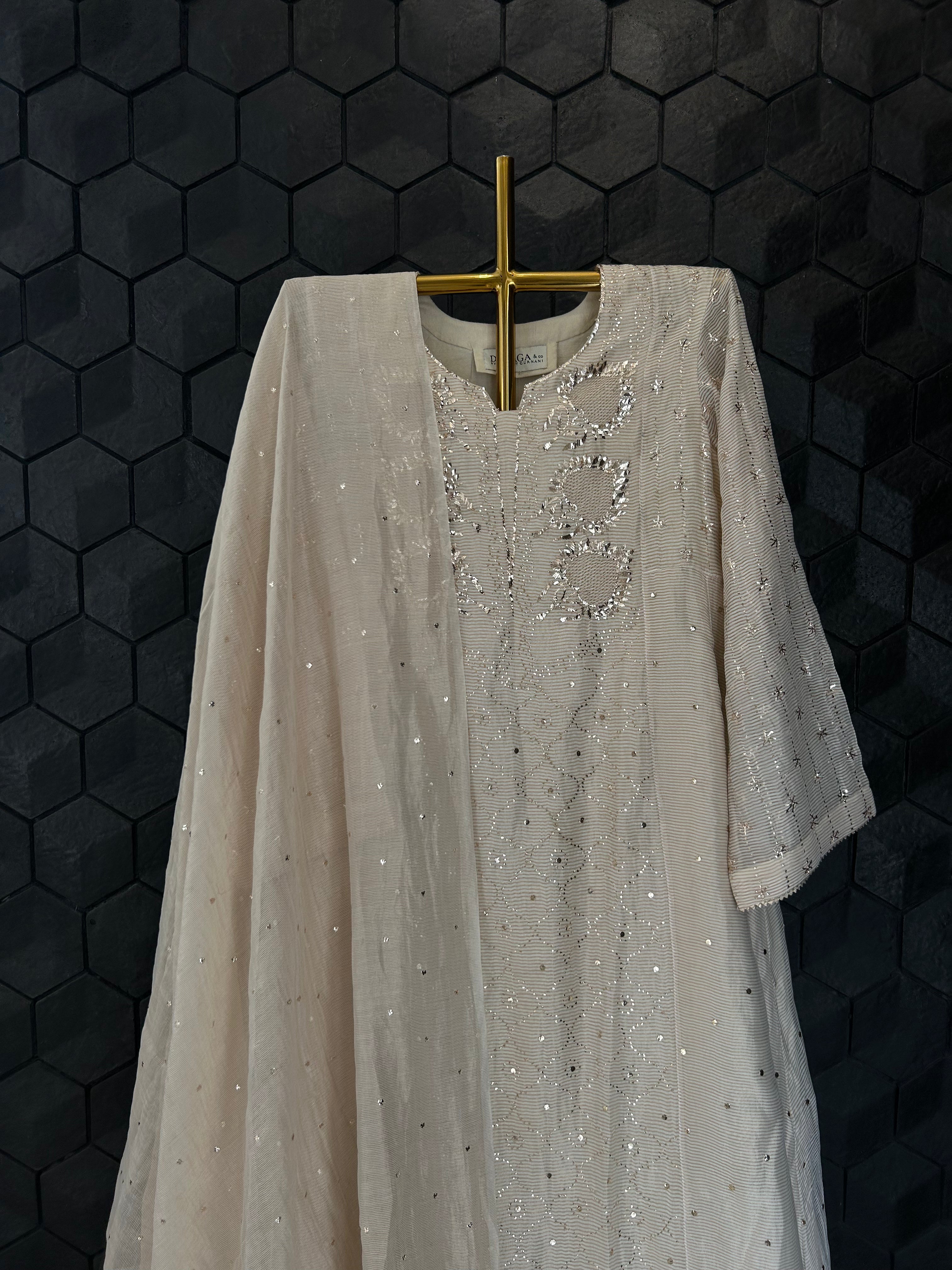 Beige Golden Tissue Mukaish A-Line Suit Set