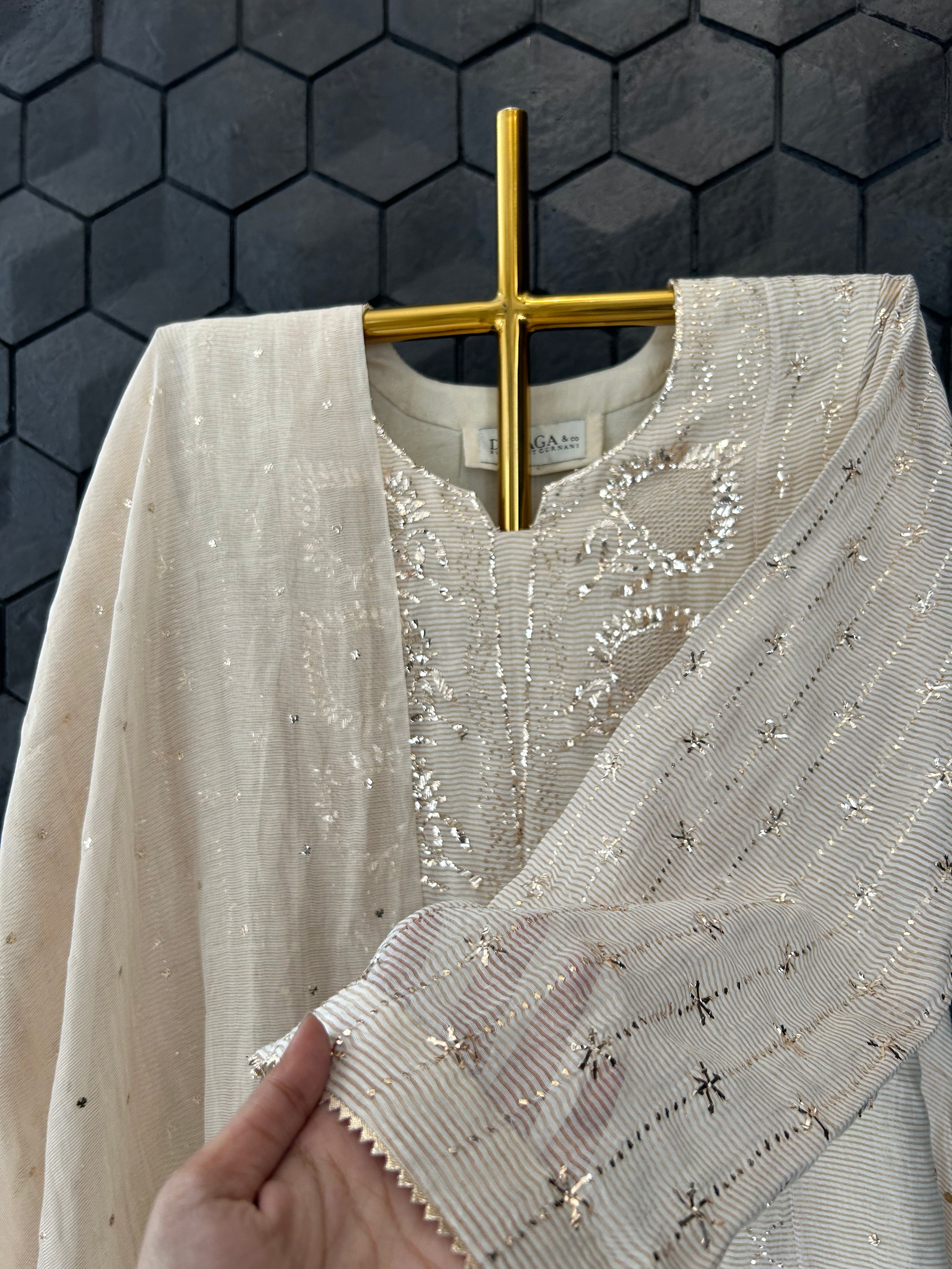 Beige Golden Tissue Mukaish A-Line Suit Set