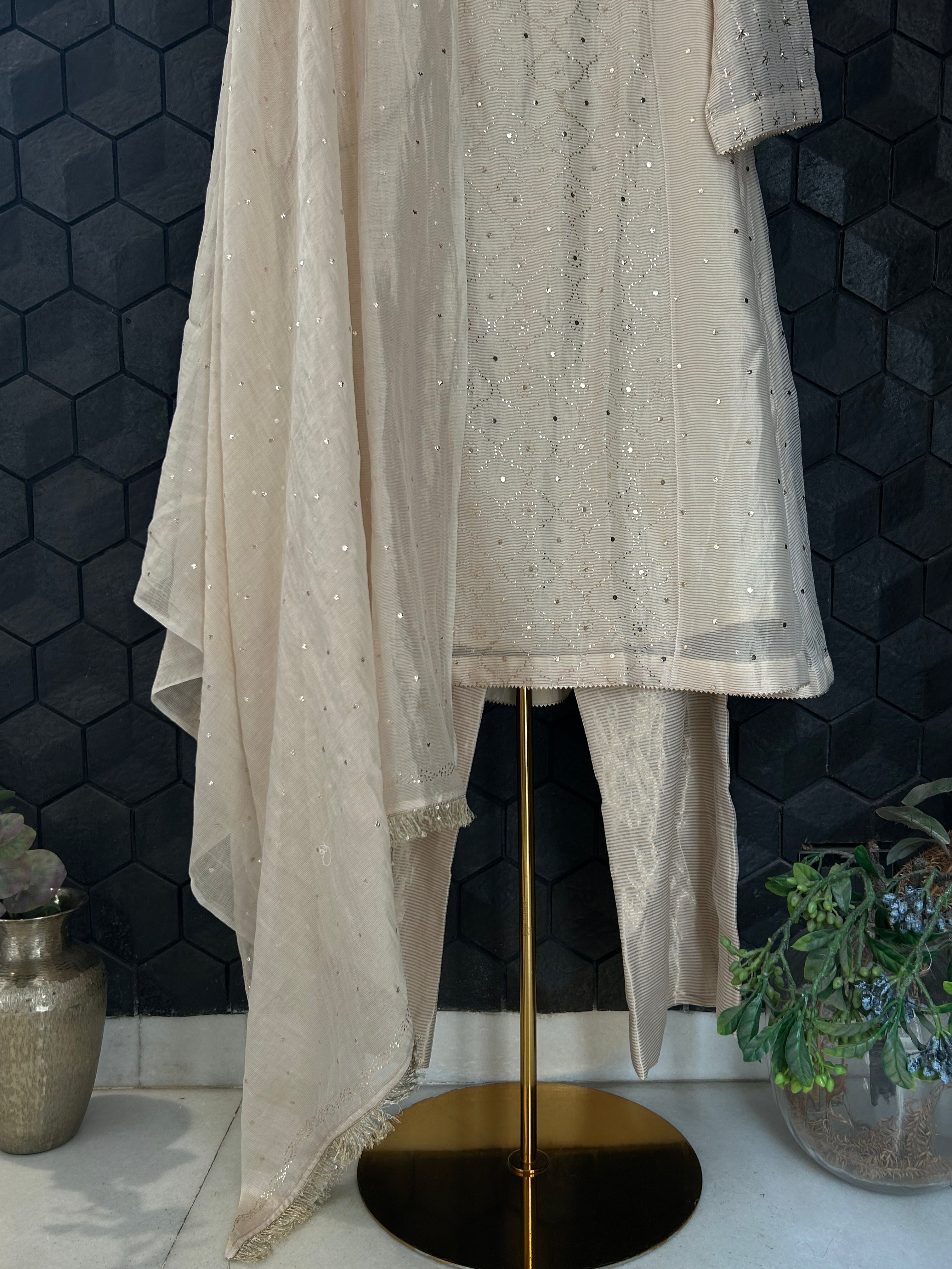 Beige Golden Tissue Mukaish A-Line Suit Set