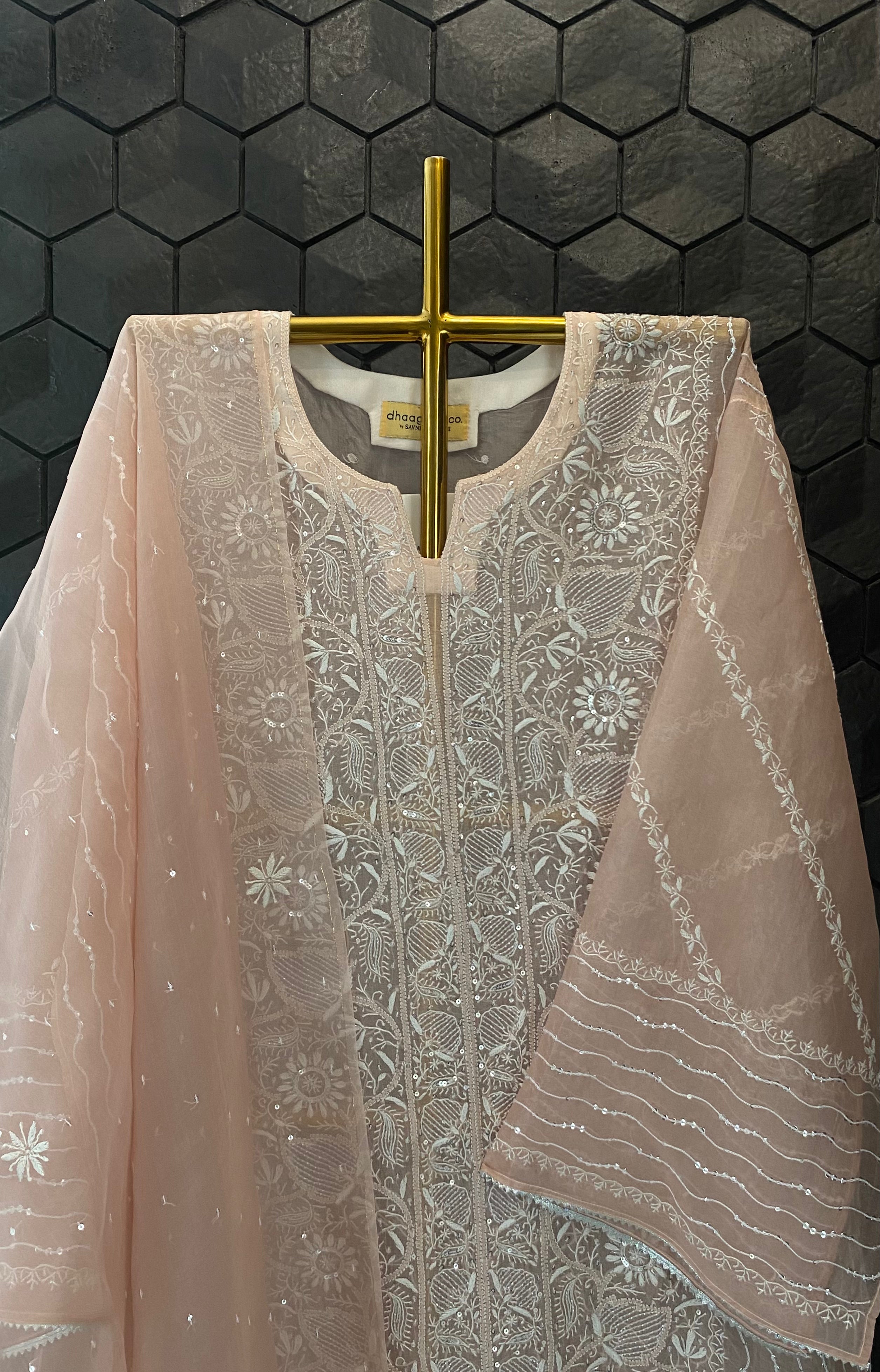 Peach Organza Chikankari Kurta Set