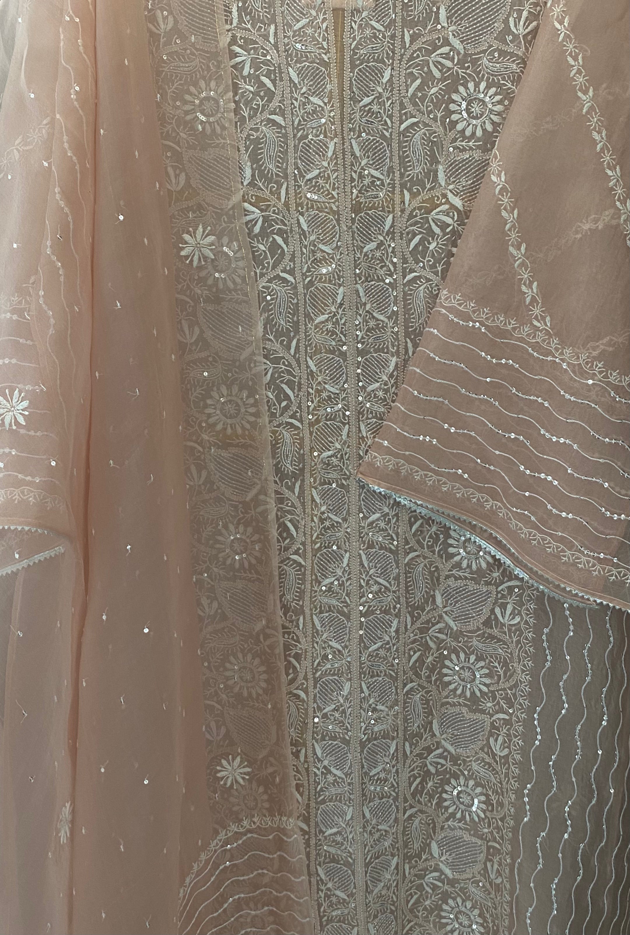 Peach Organza Chikankari Kurta Set