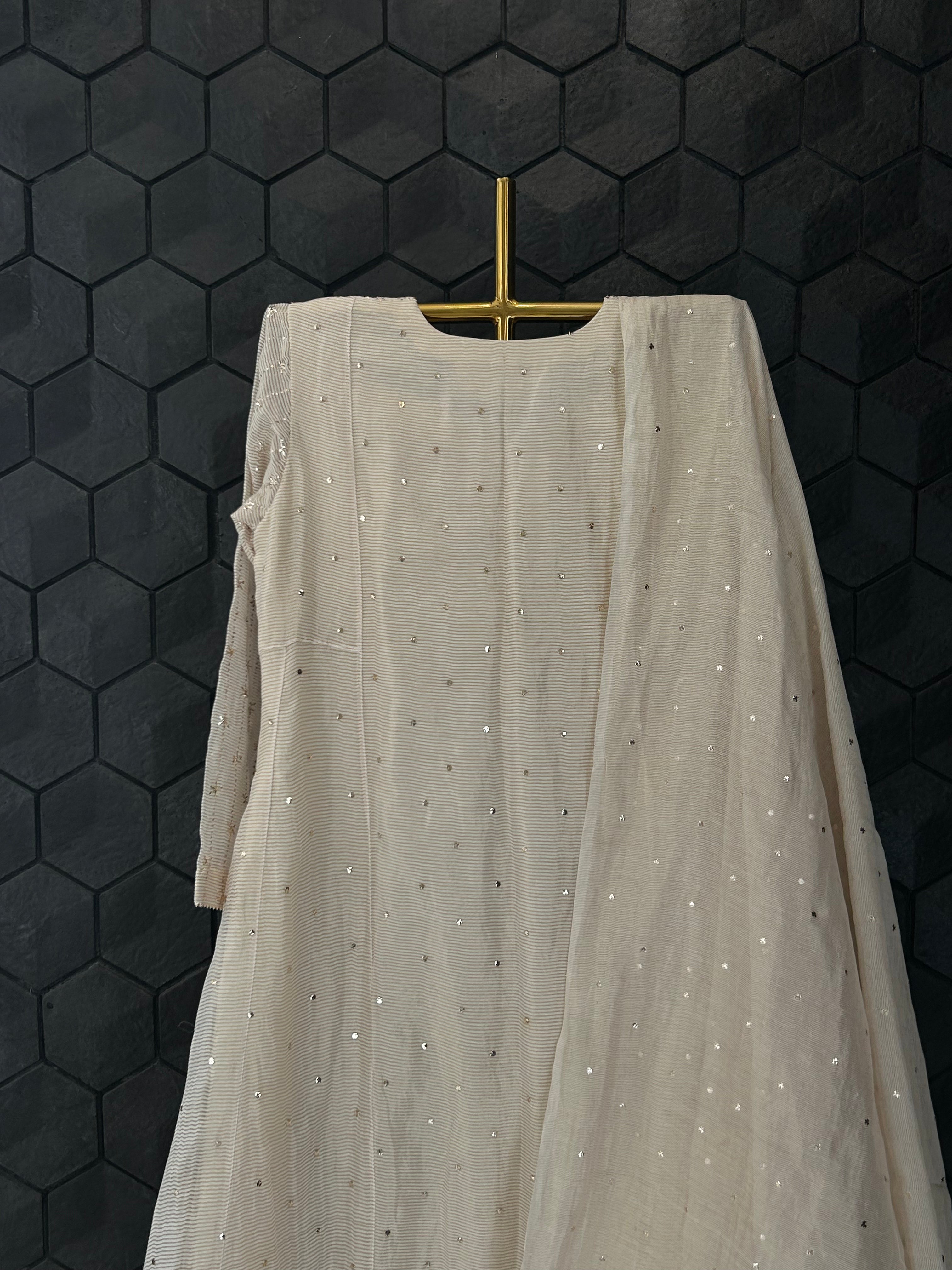 Beige Golden Tissue Mukaish A-Line Suit Set