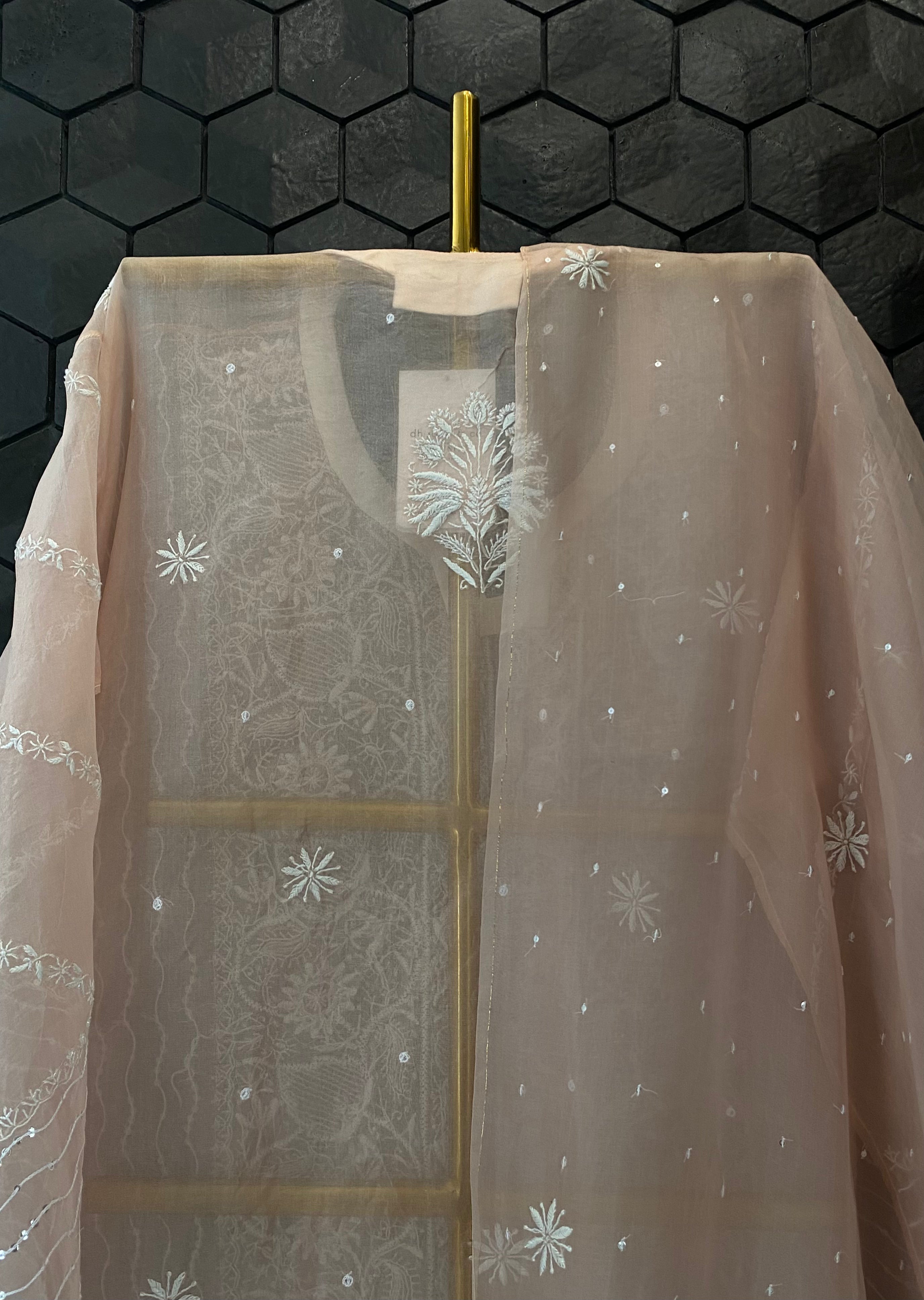 Peach Organza Chikankari Kurta Set