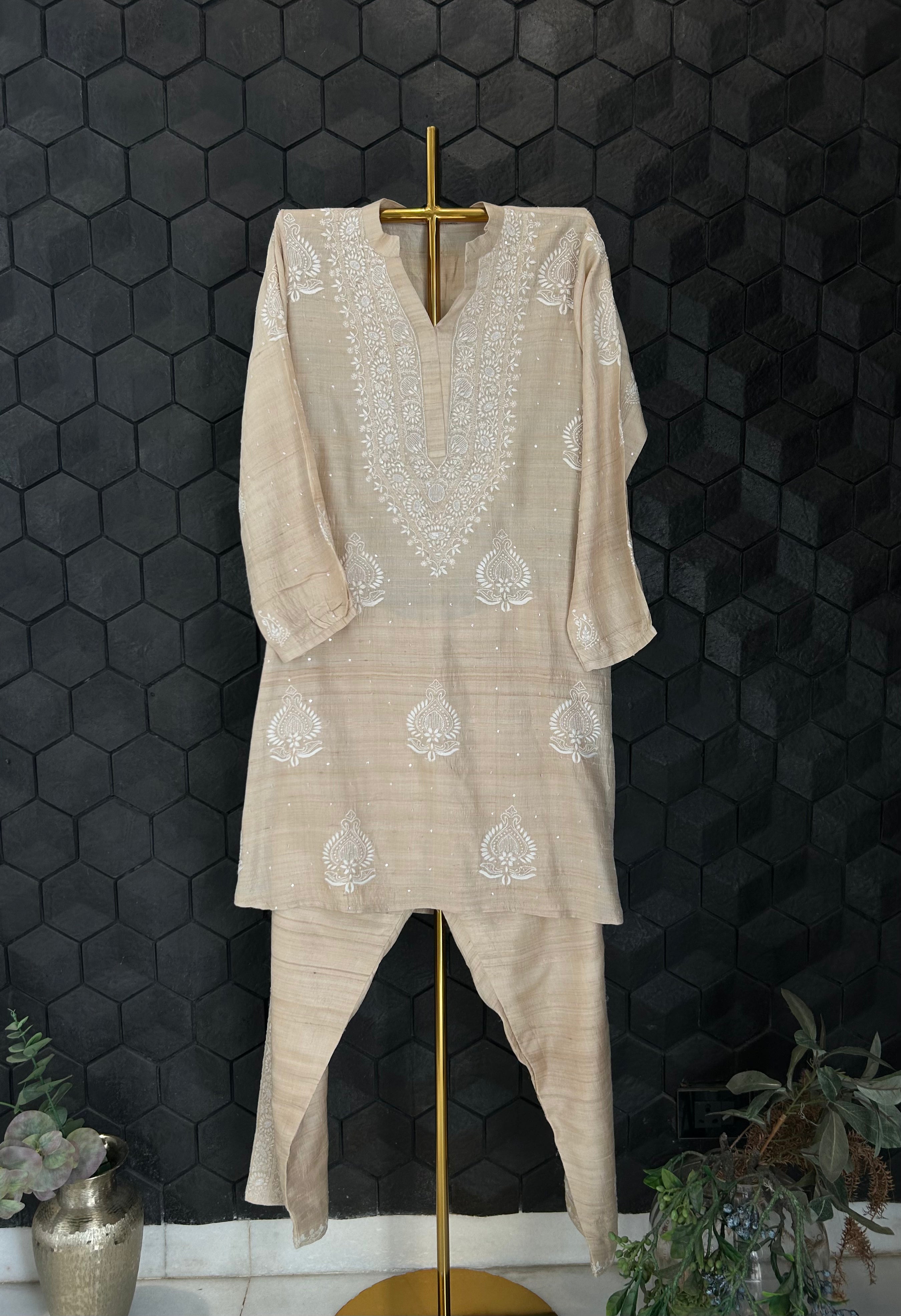 Beige Silk Chikankari Co-ord sets
