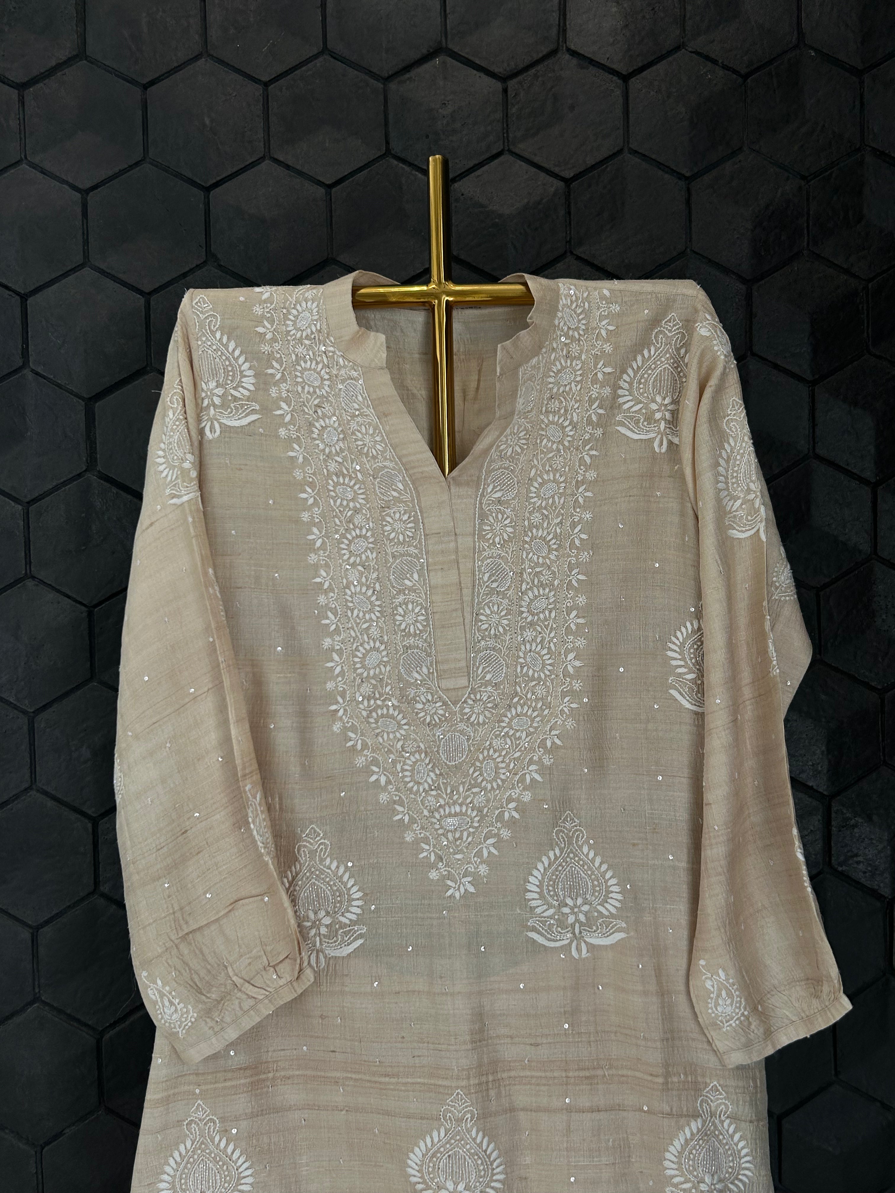 Beige Silk Chikankari Co-ord sets