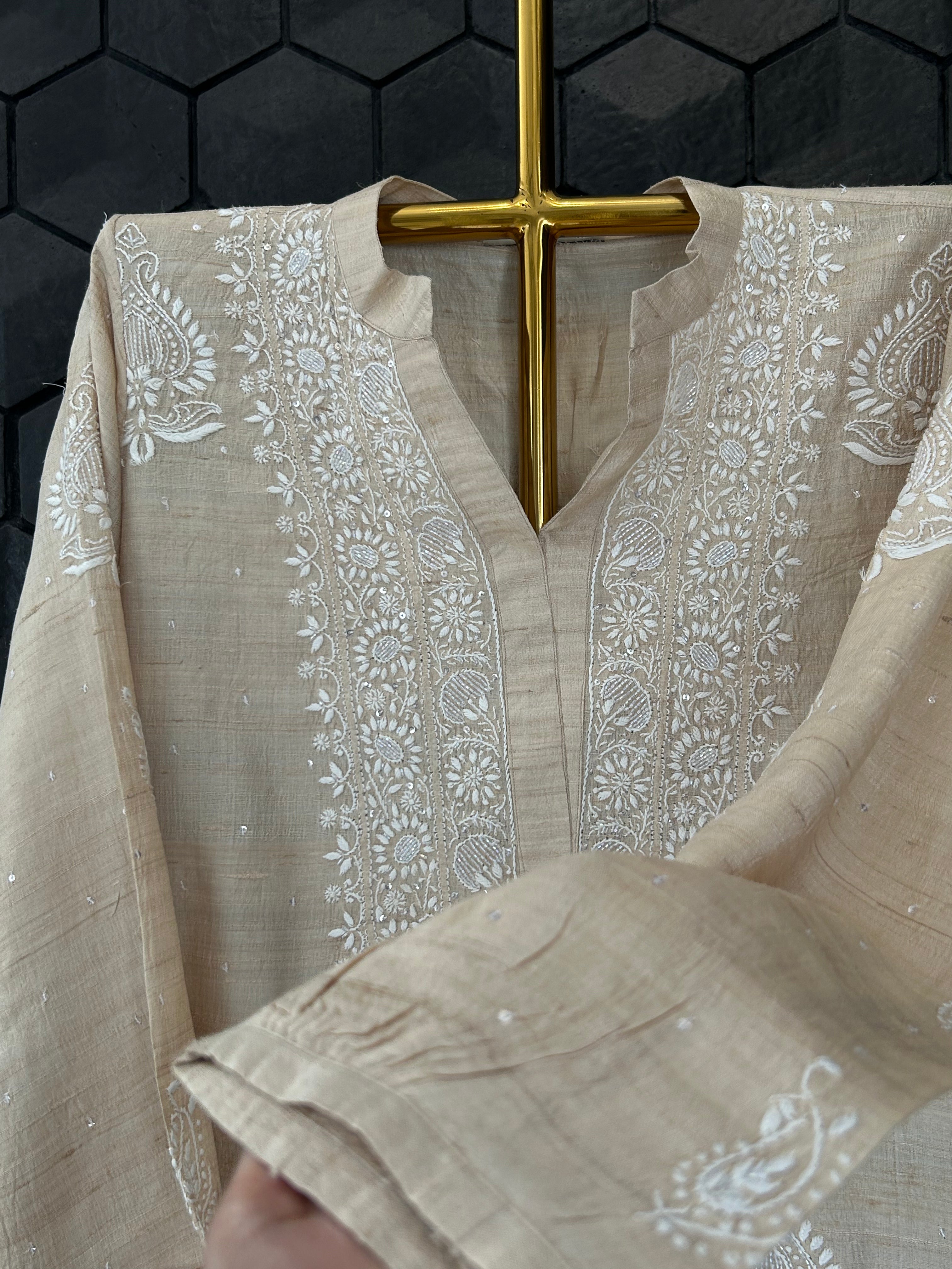 Beige Silk Chikankari Co-ord sets