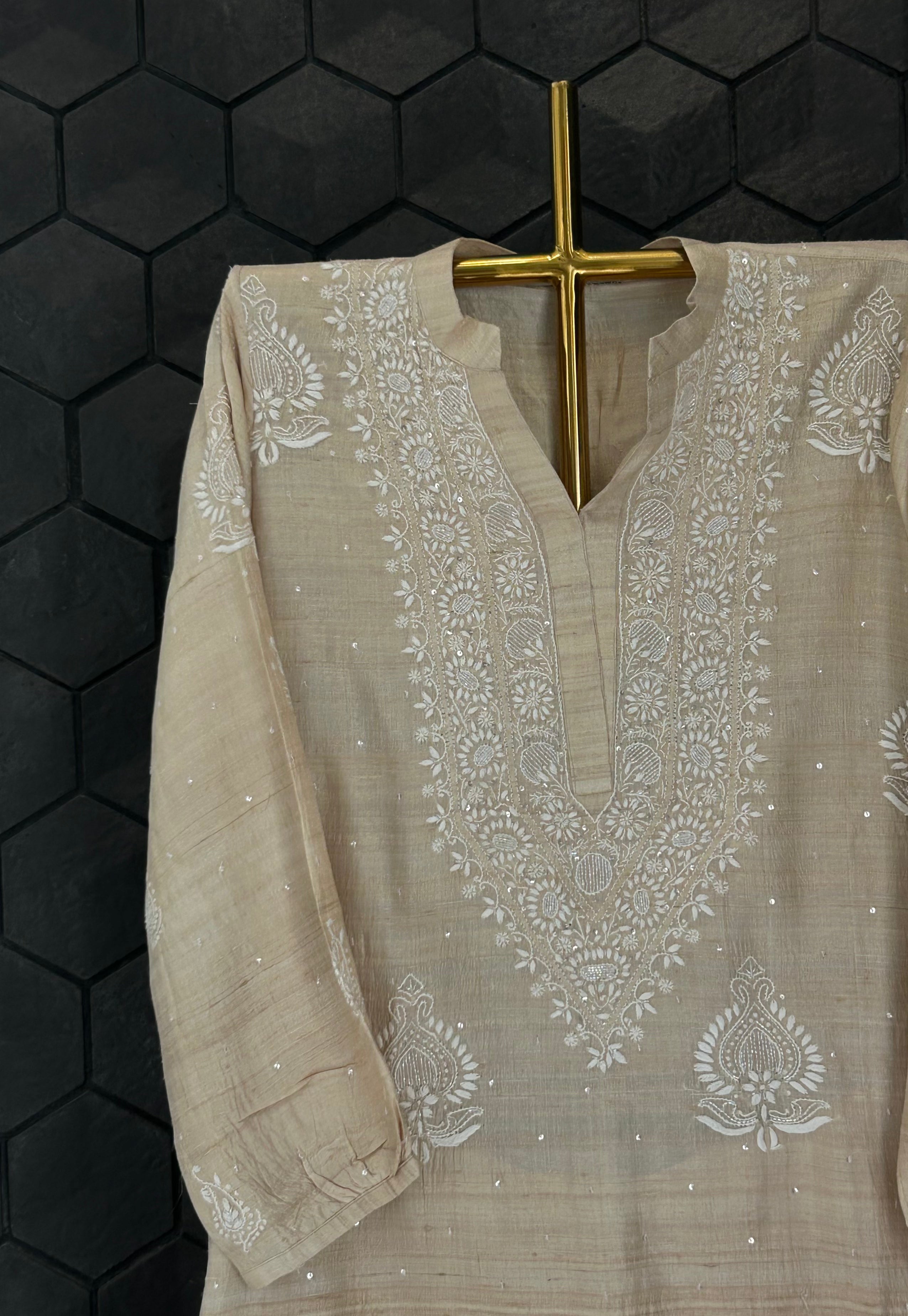 Beige Silk Chikankari Co-ord sets