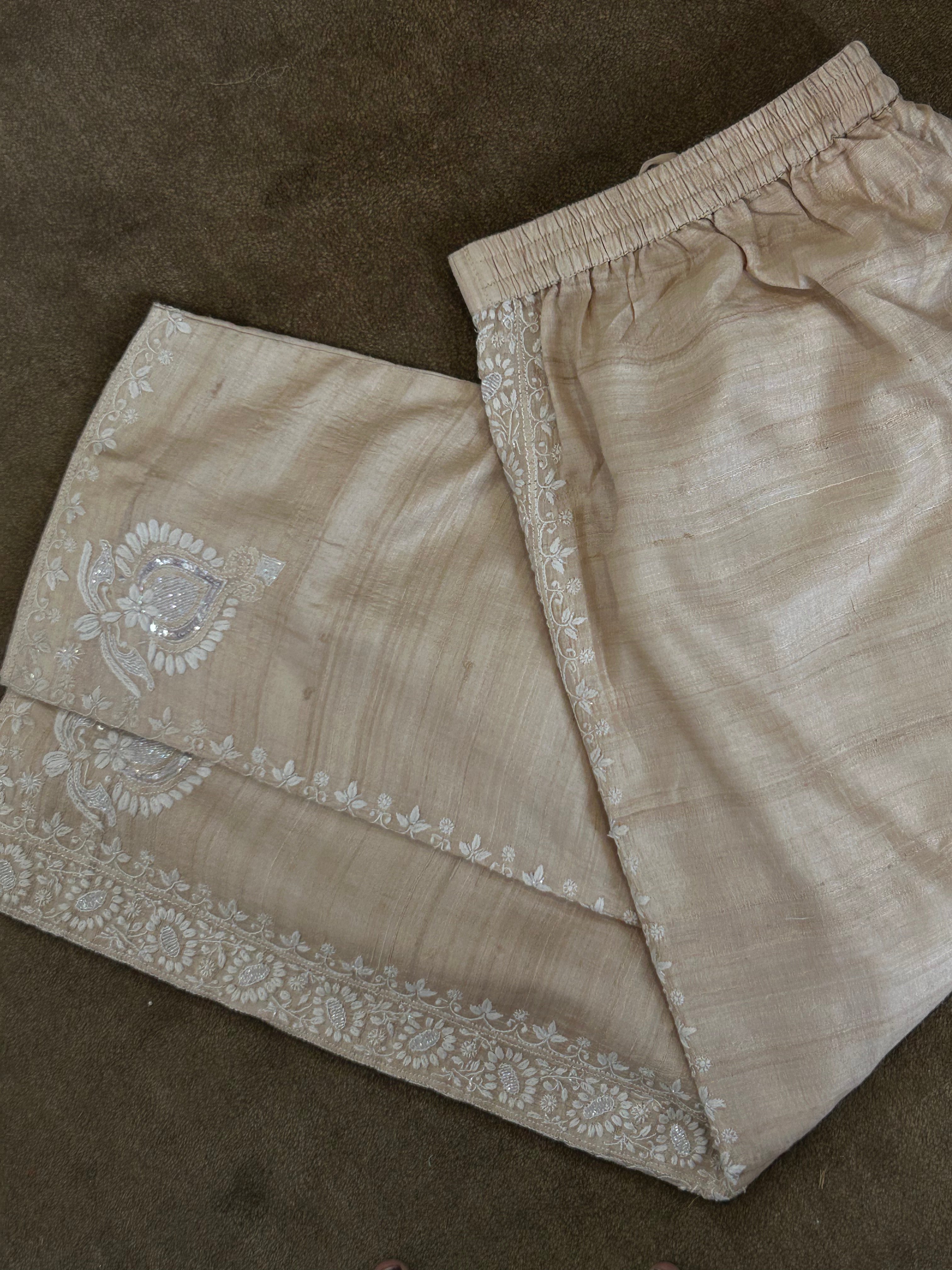 Beige Silk Chikankari Co-ord sets