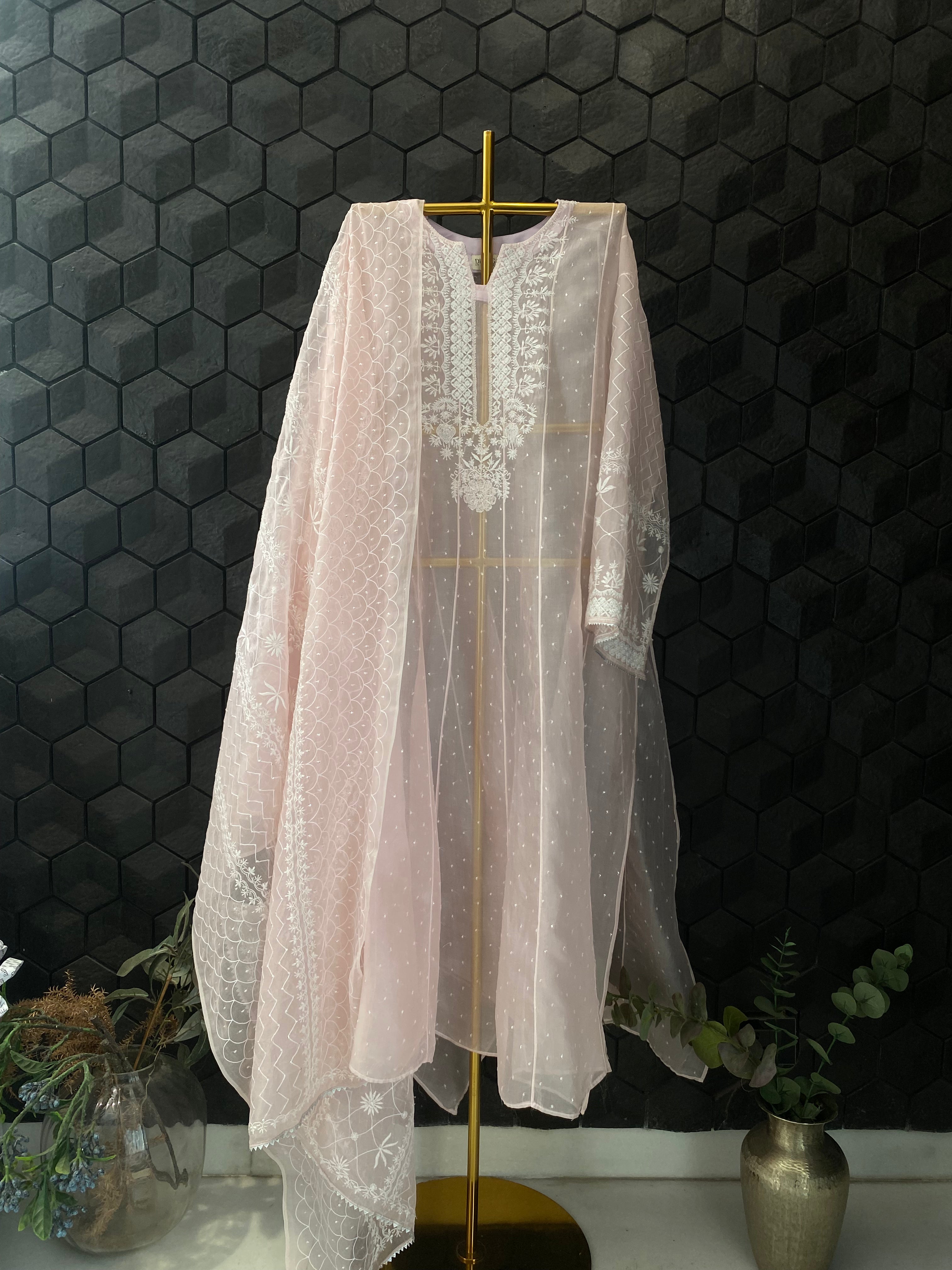 Pink Organza Chikankari Anarkali Set