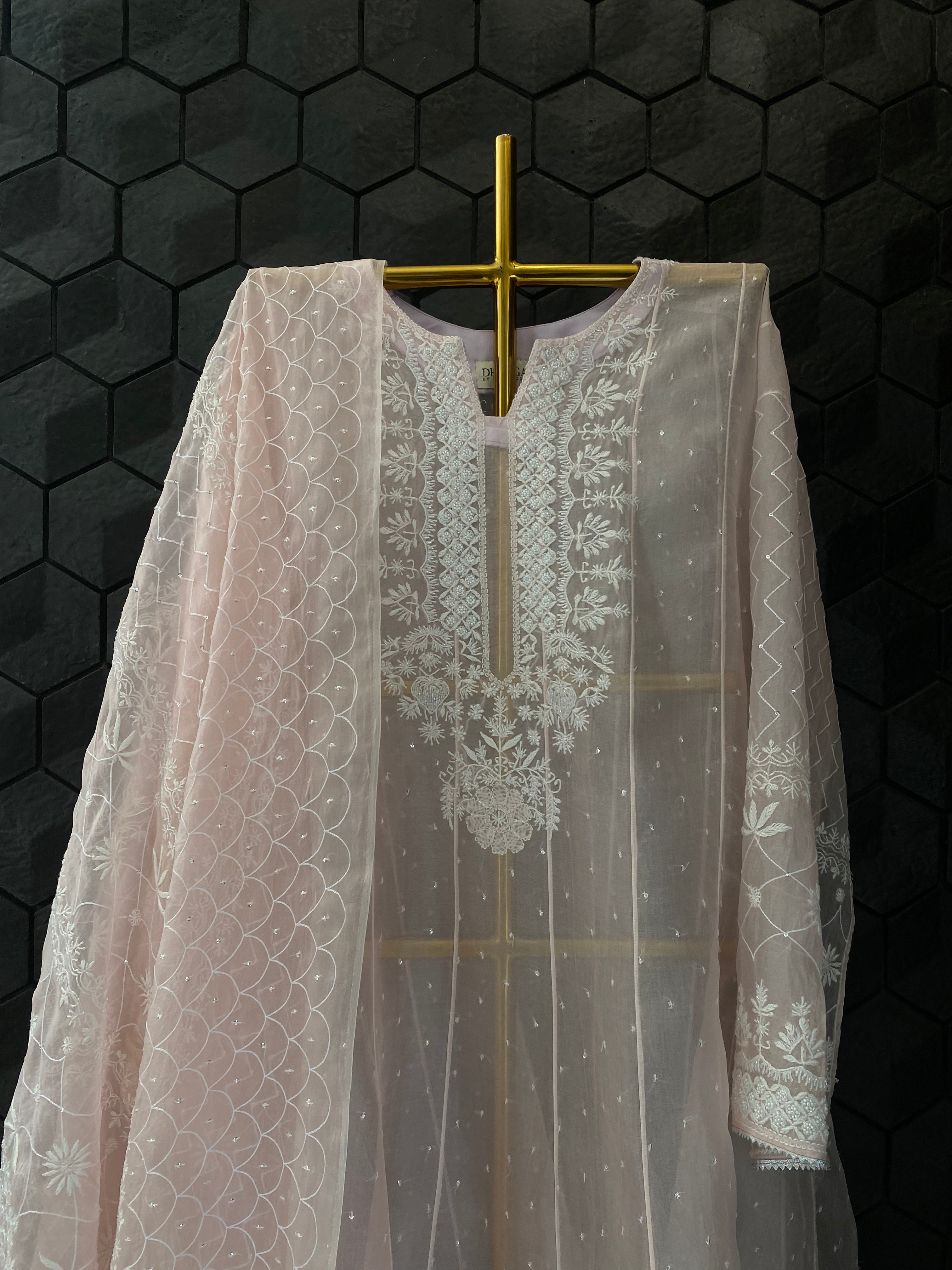 Pink Organza Chikankari Anarkali Set