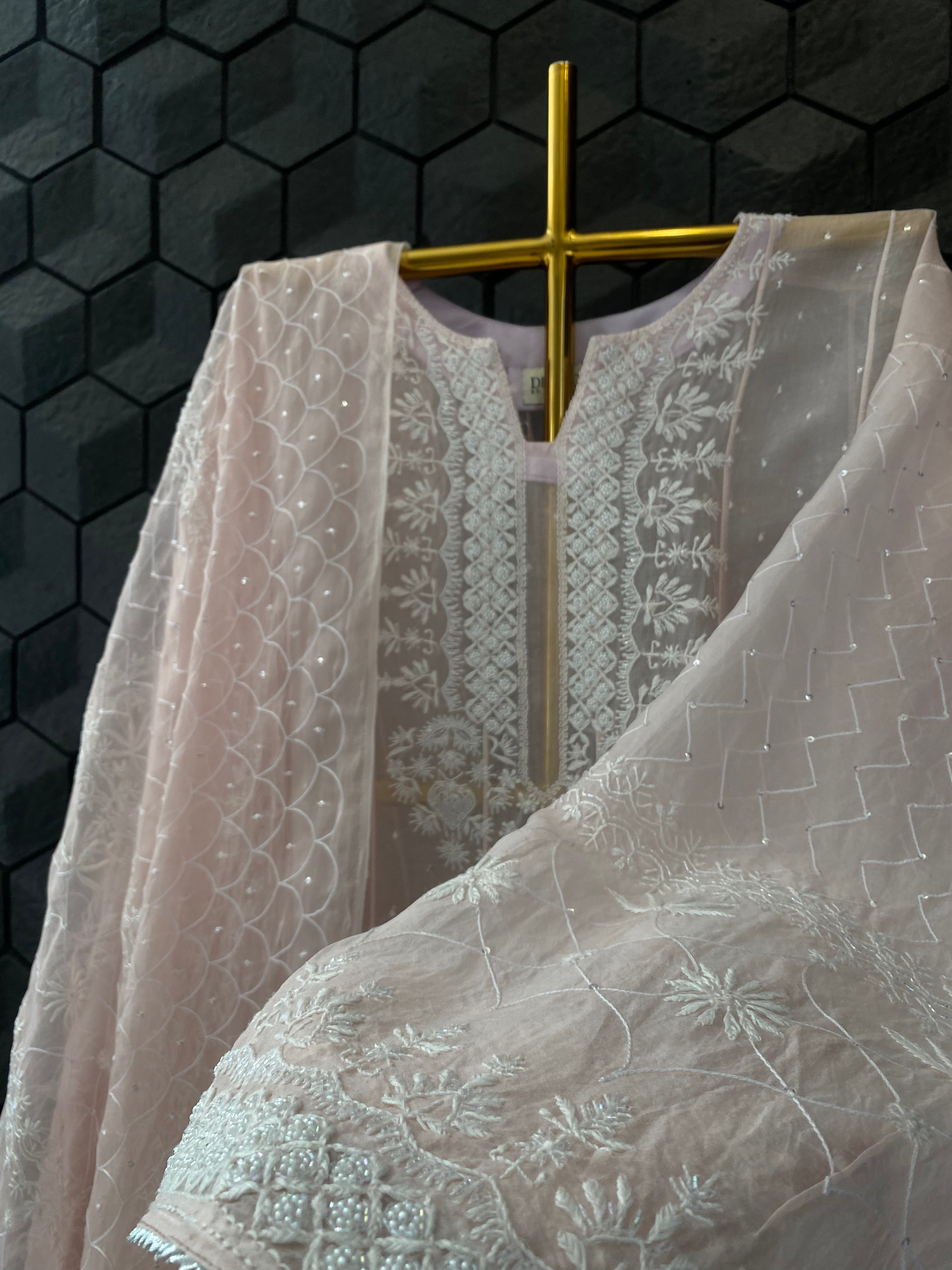 Pink Organza Chikankari Anarkali Set