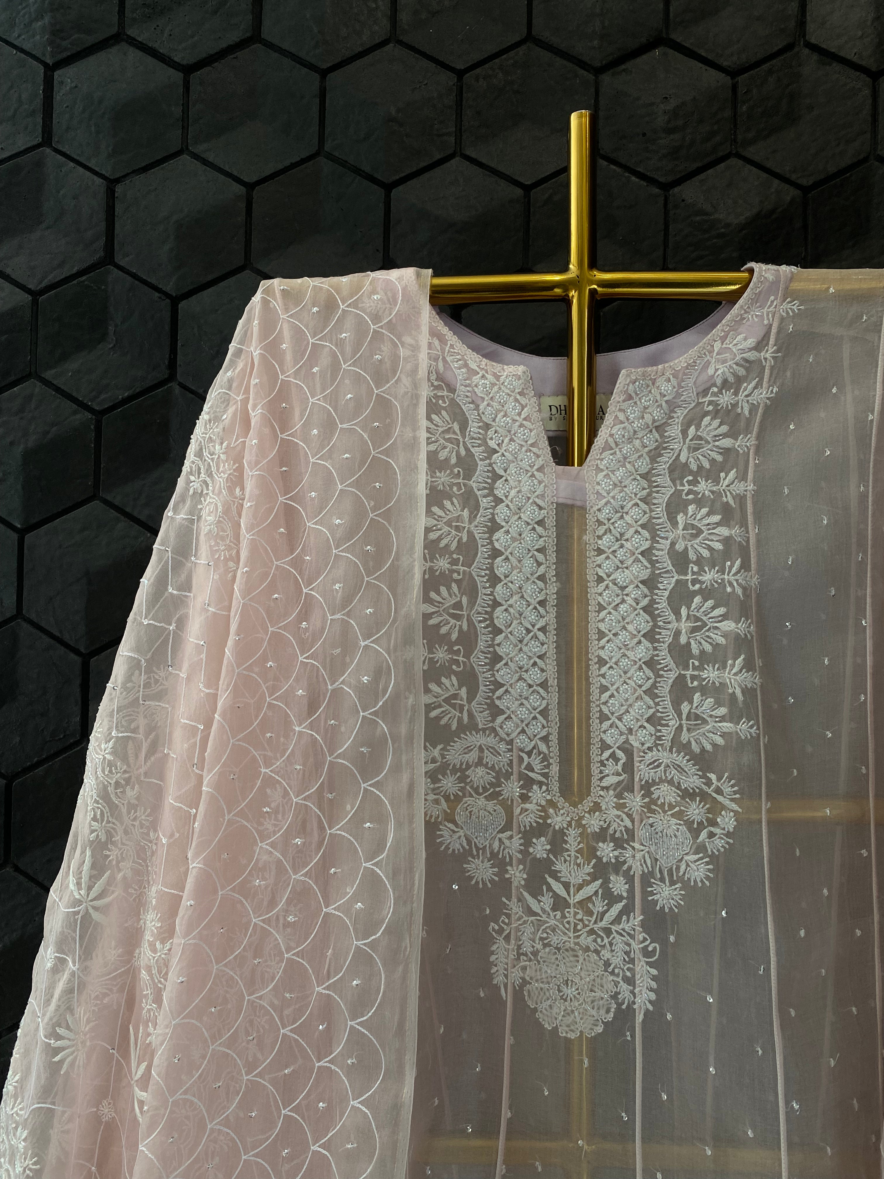 Pink Organza Chikankari Anarkali Set