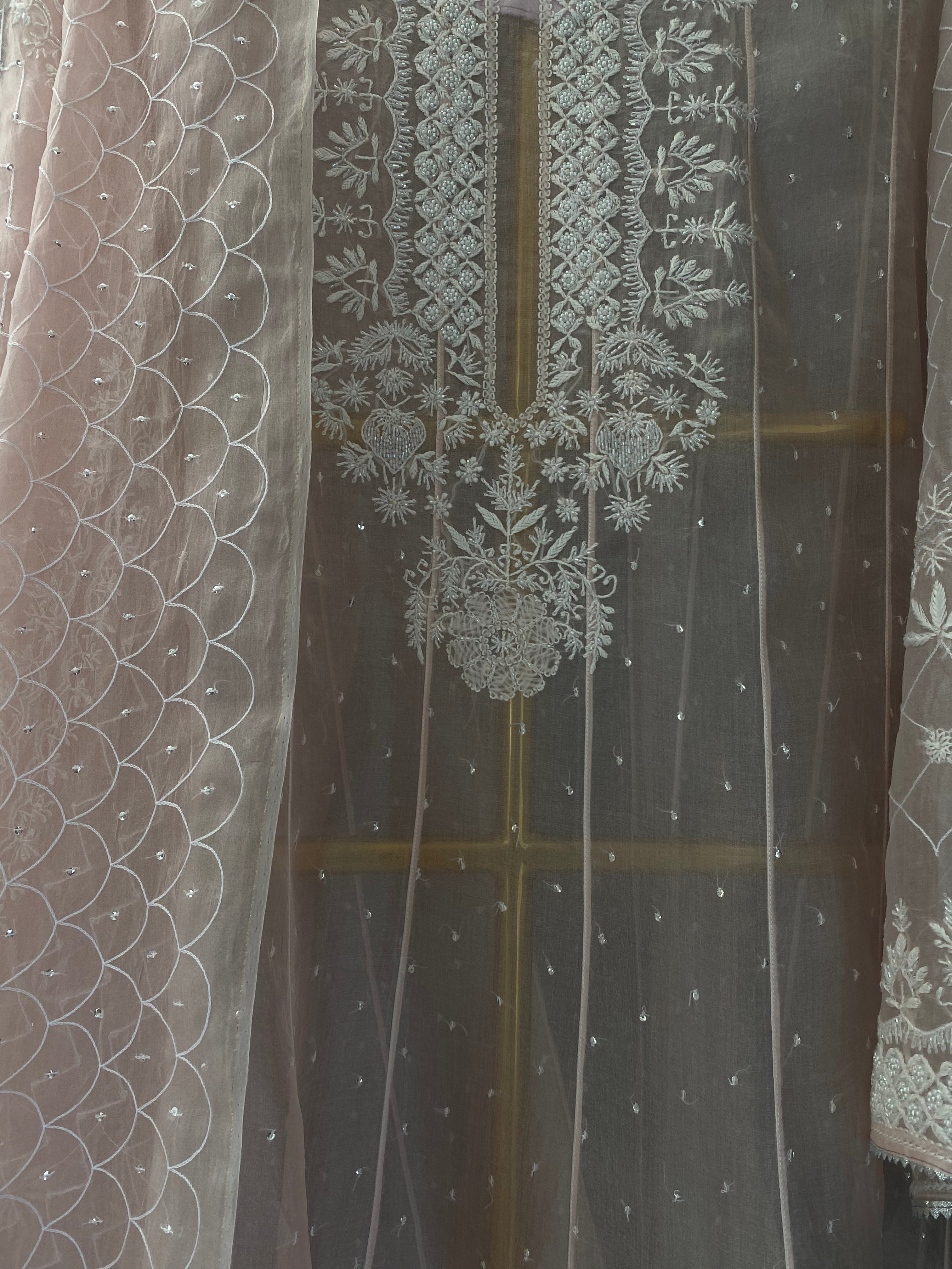 Pink Organza Chikankari Anarkali Set