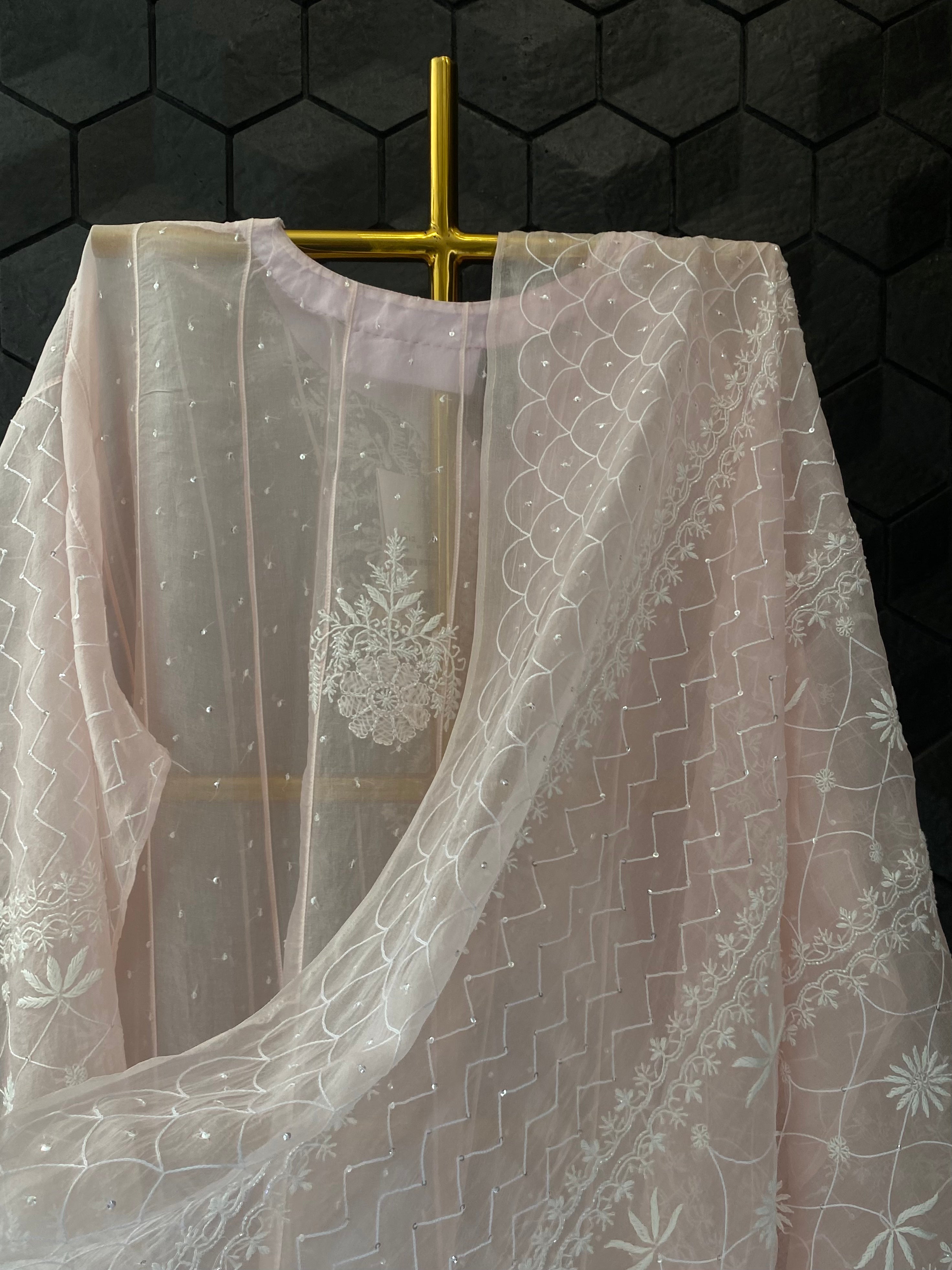 Pink Organza Chikankari Anarkali Set