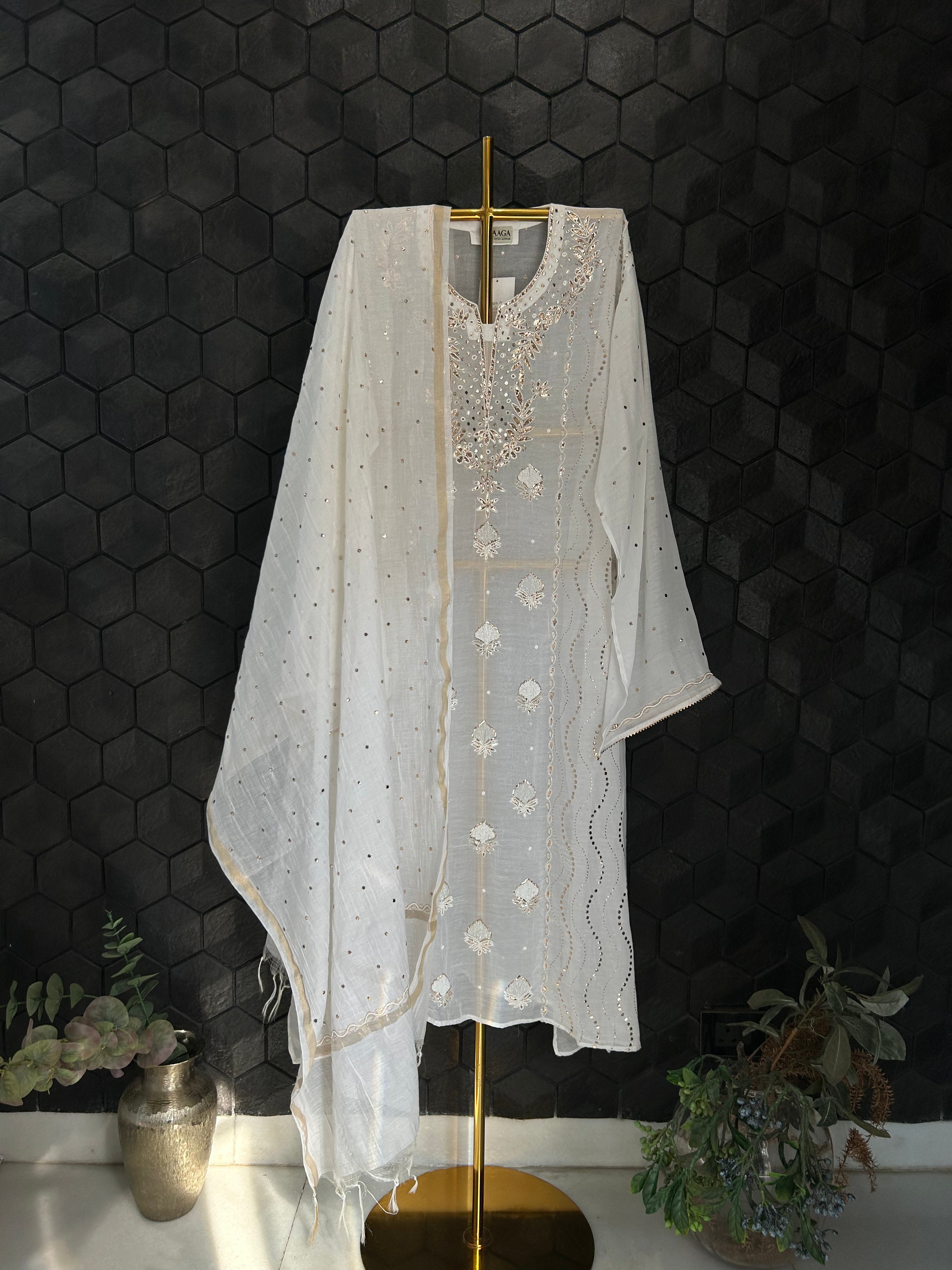 White Mul Chanderi Mukaish Kurta Set