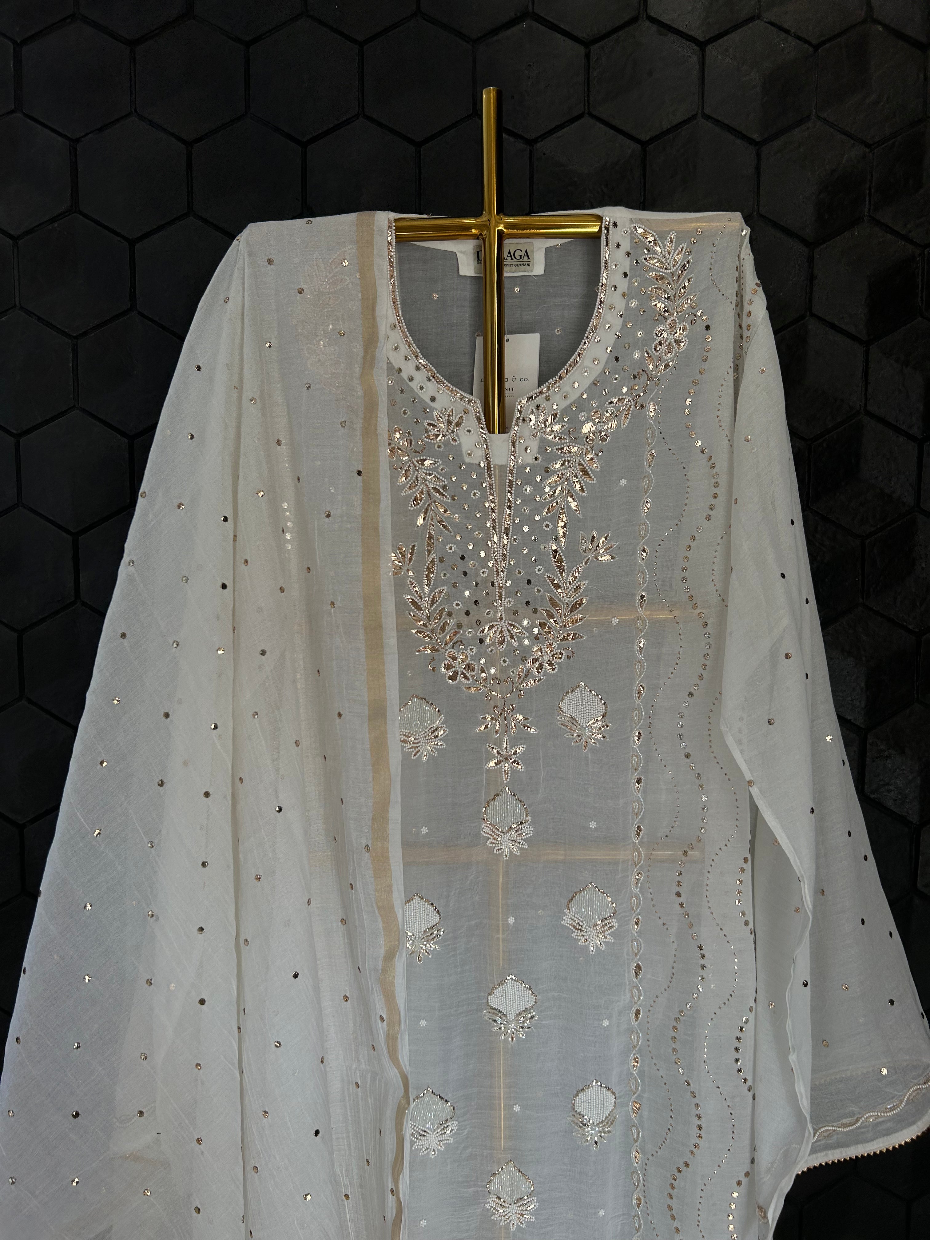 White Mul Chanderi Mukaish Kurta Set