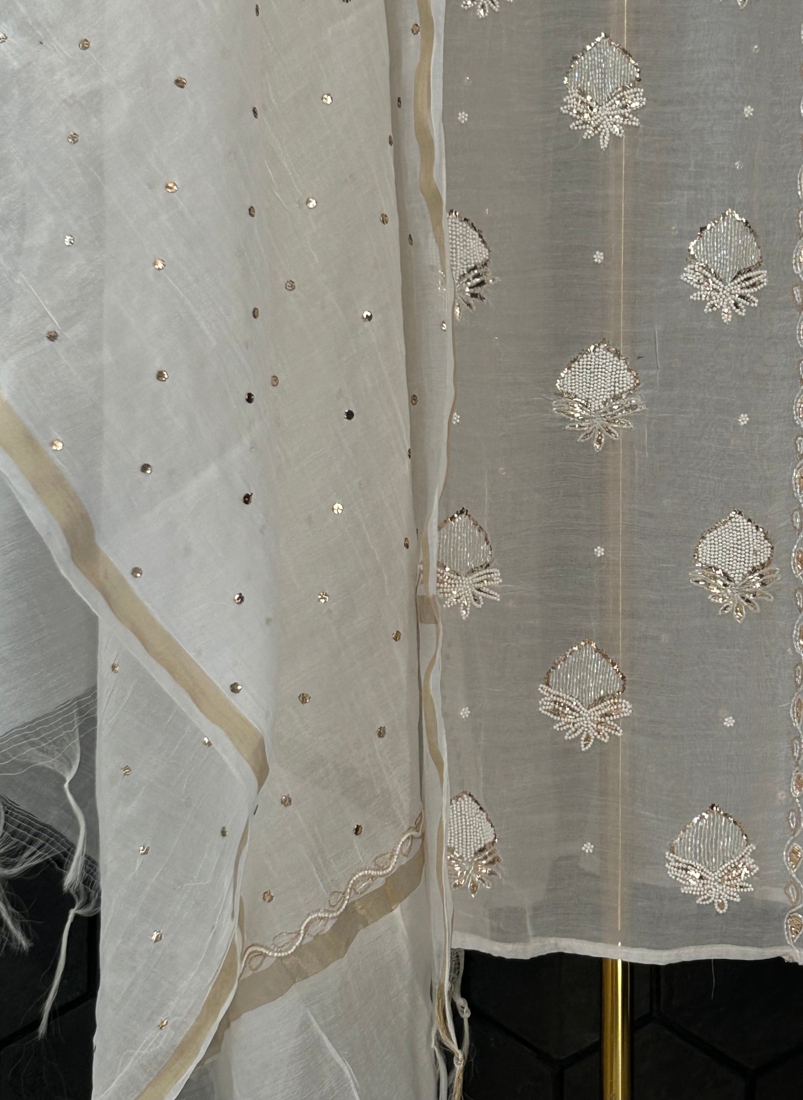 White Mul Chanderi Mukaish Kurta Set