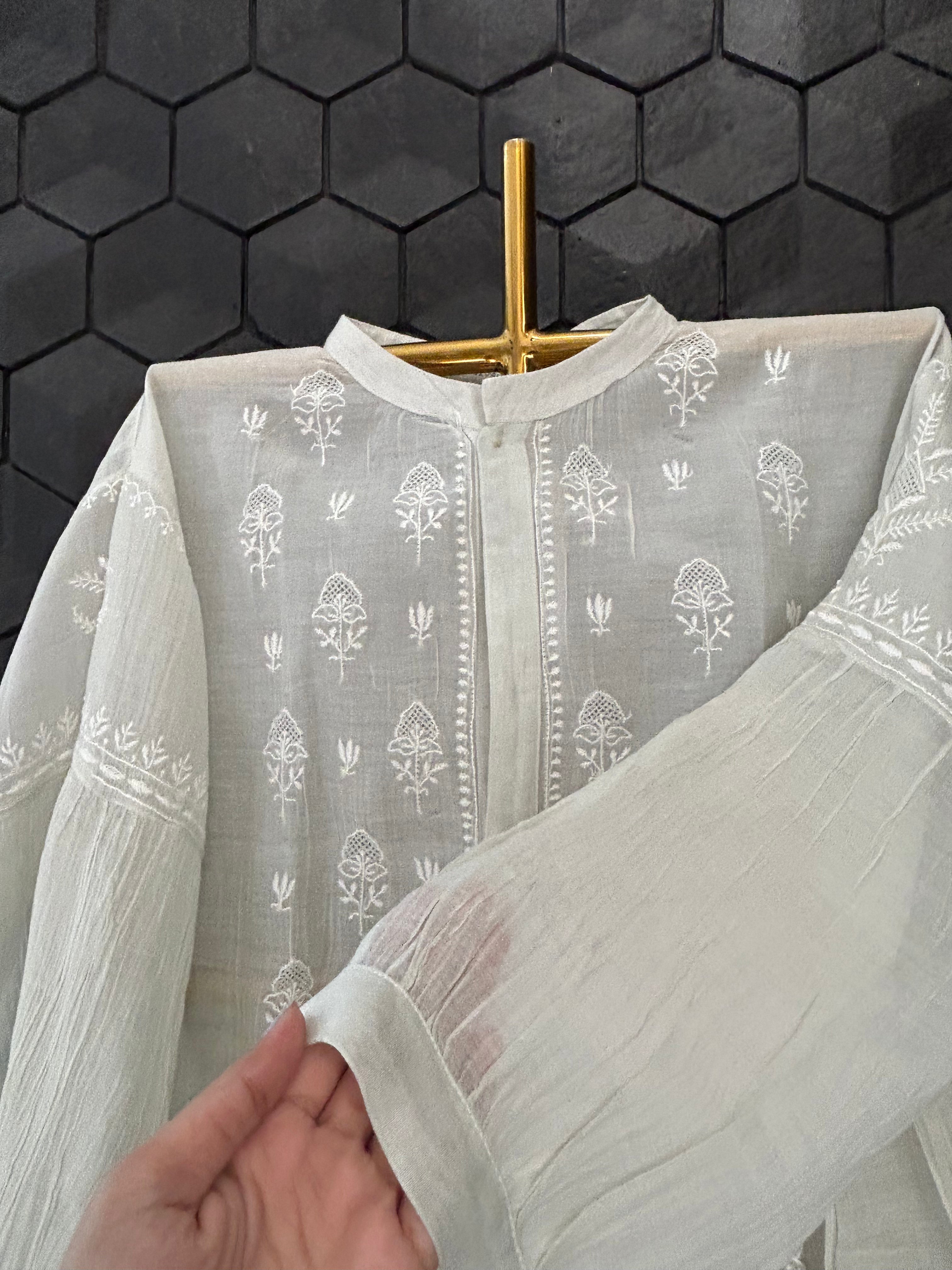 Green Mul Chanderi Chikankari Co-ord sets