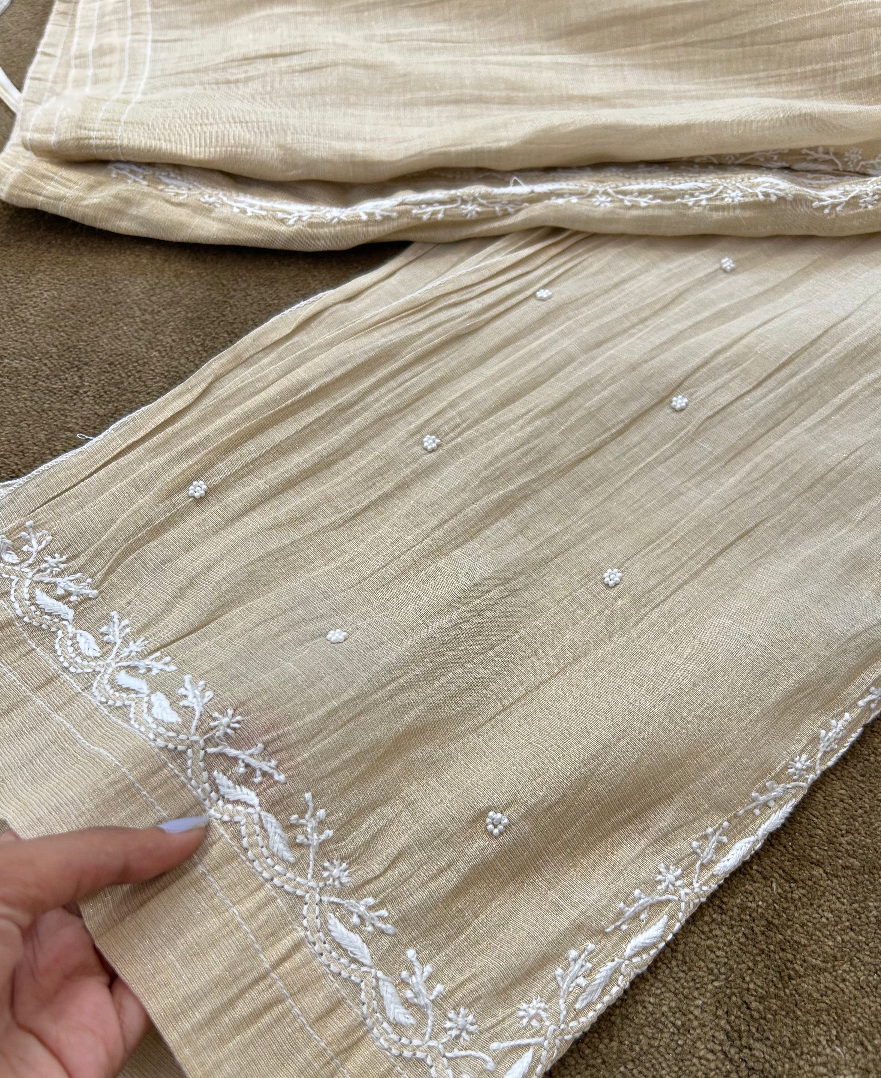 Beige Golden Tissue Chikankari Co-ord sets