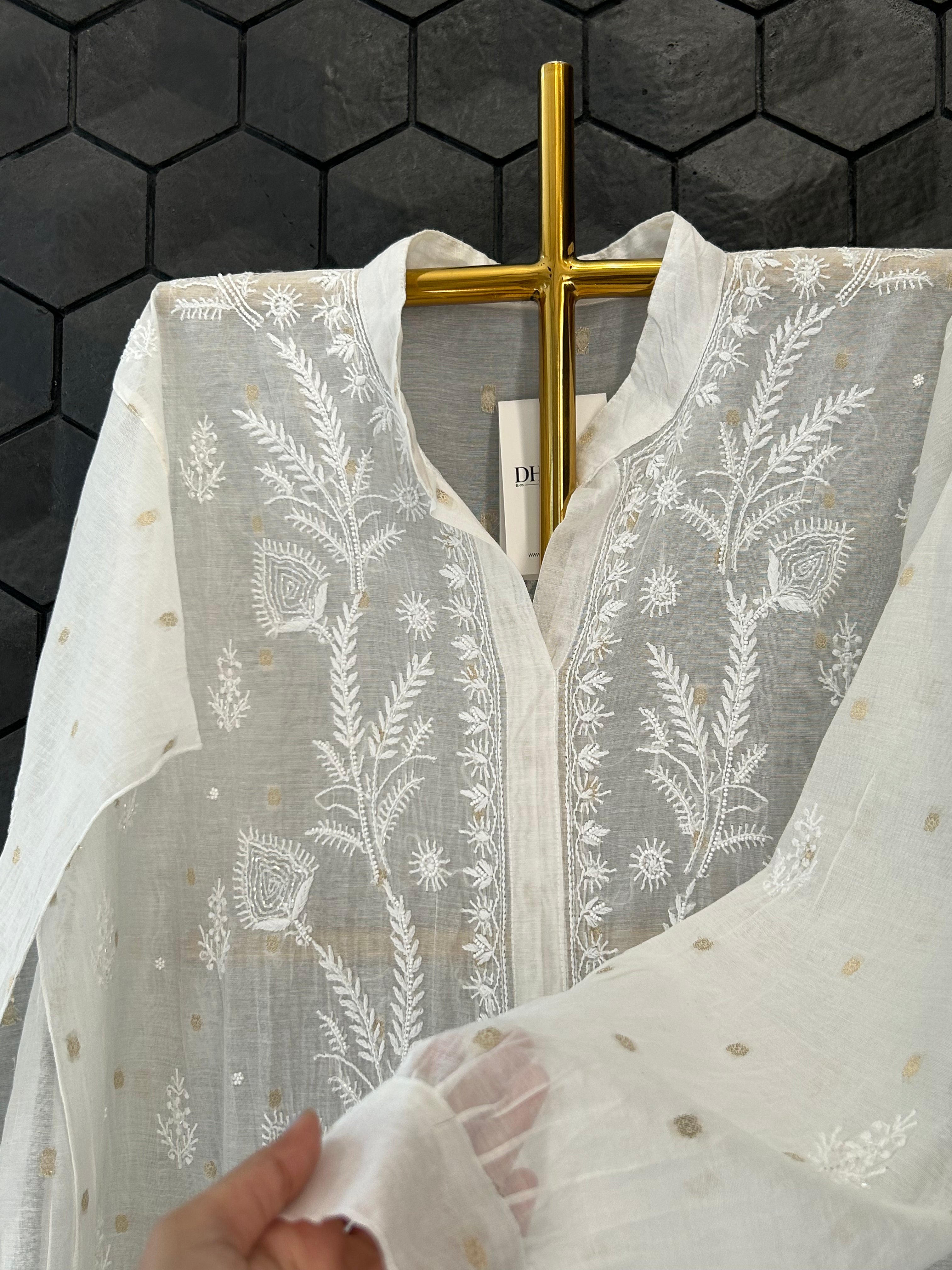 Beige Mul Chanderi Chikankari Co-ord sets