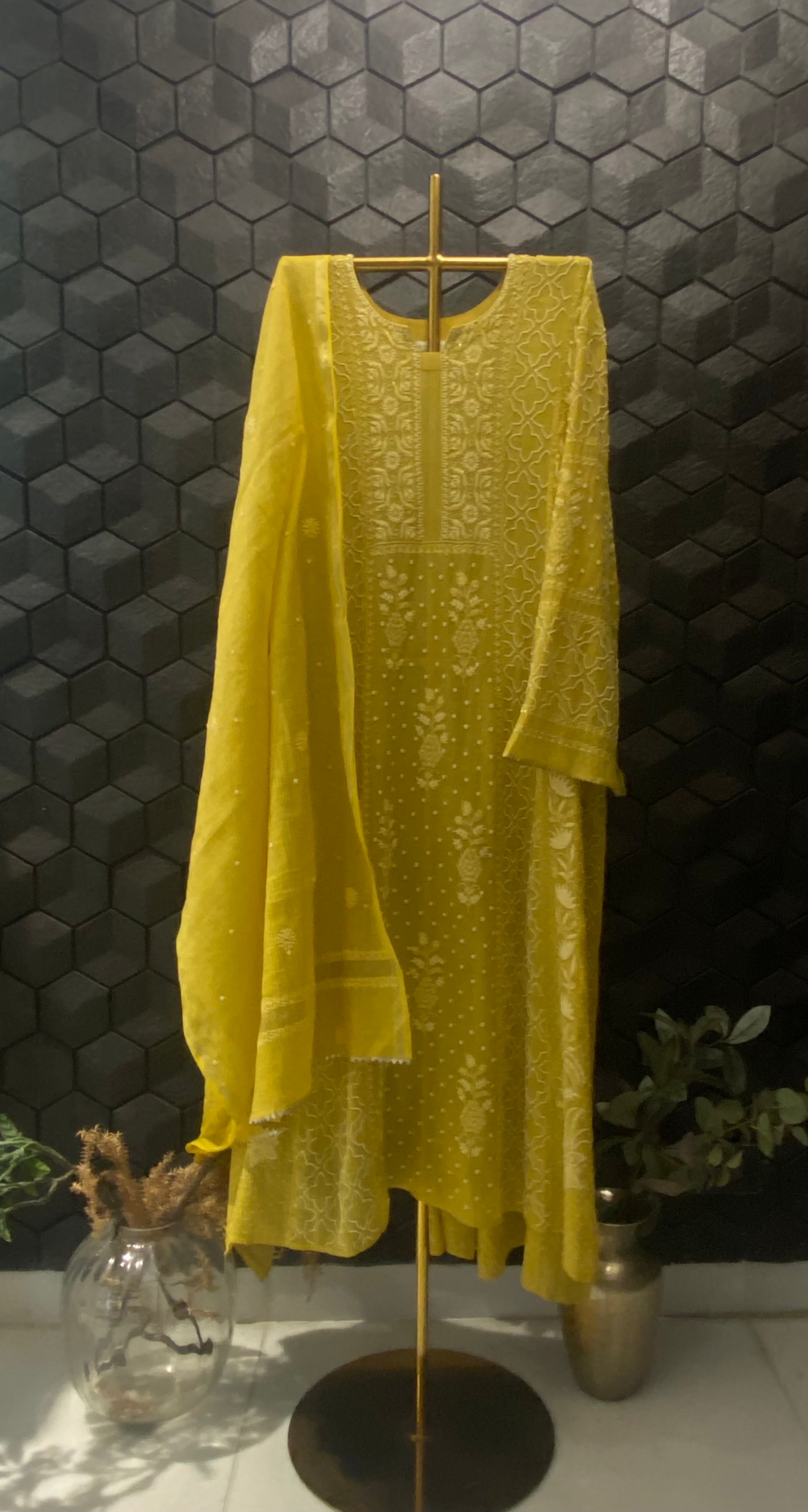 Yellow Silver Tissue Chikankari Anarkali Set