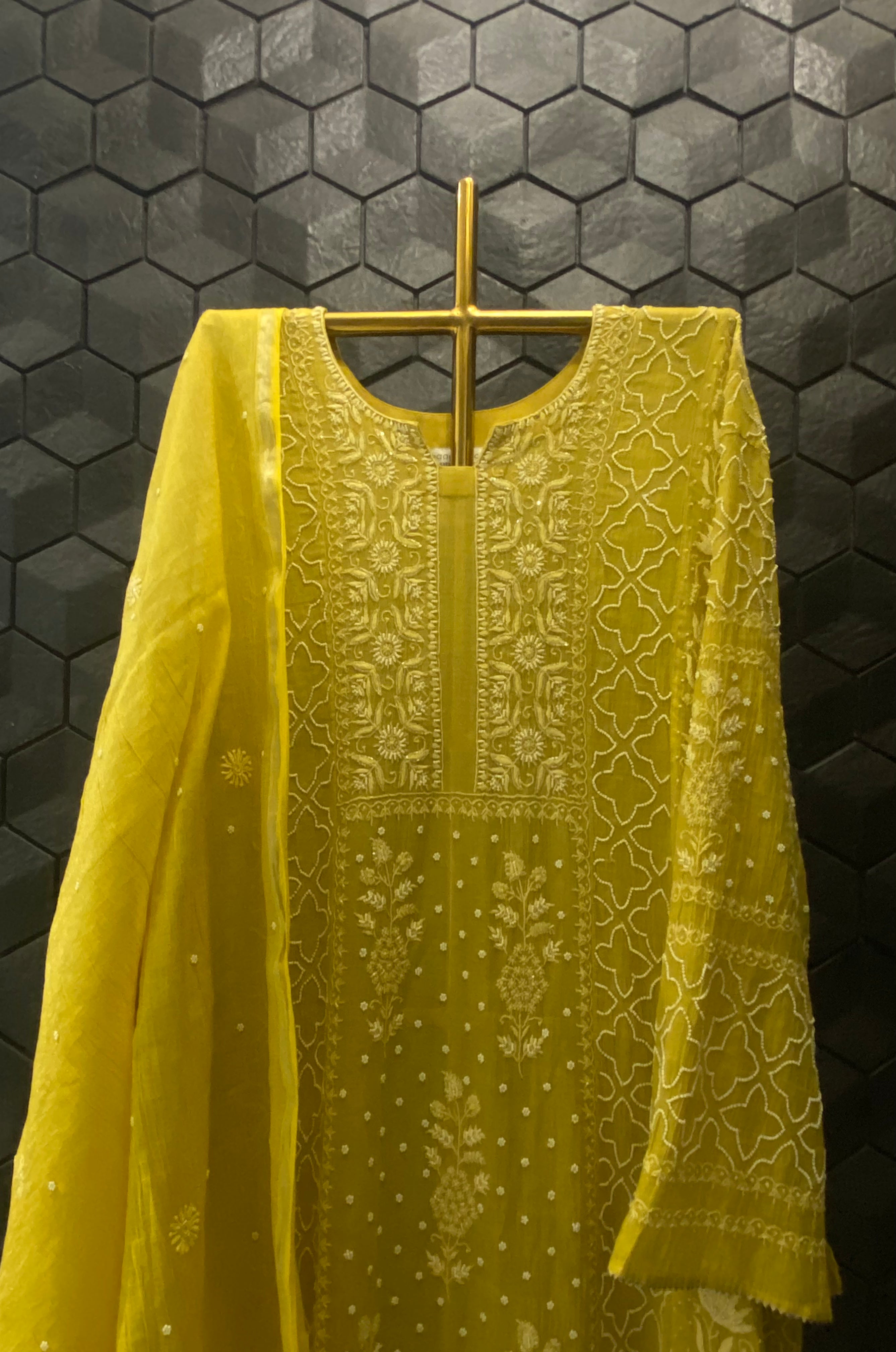 Yellow Silver Tissue Chikankari Anarkali Set
