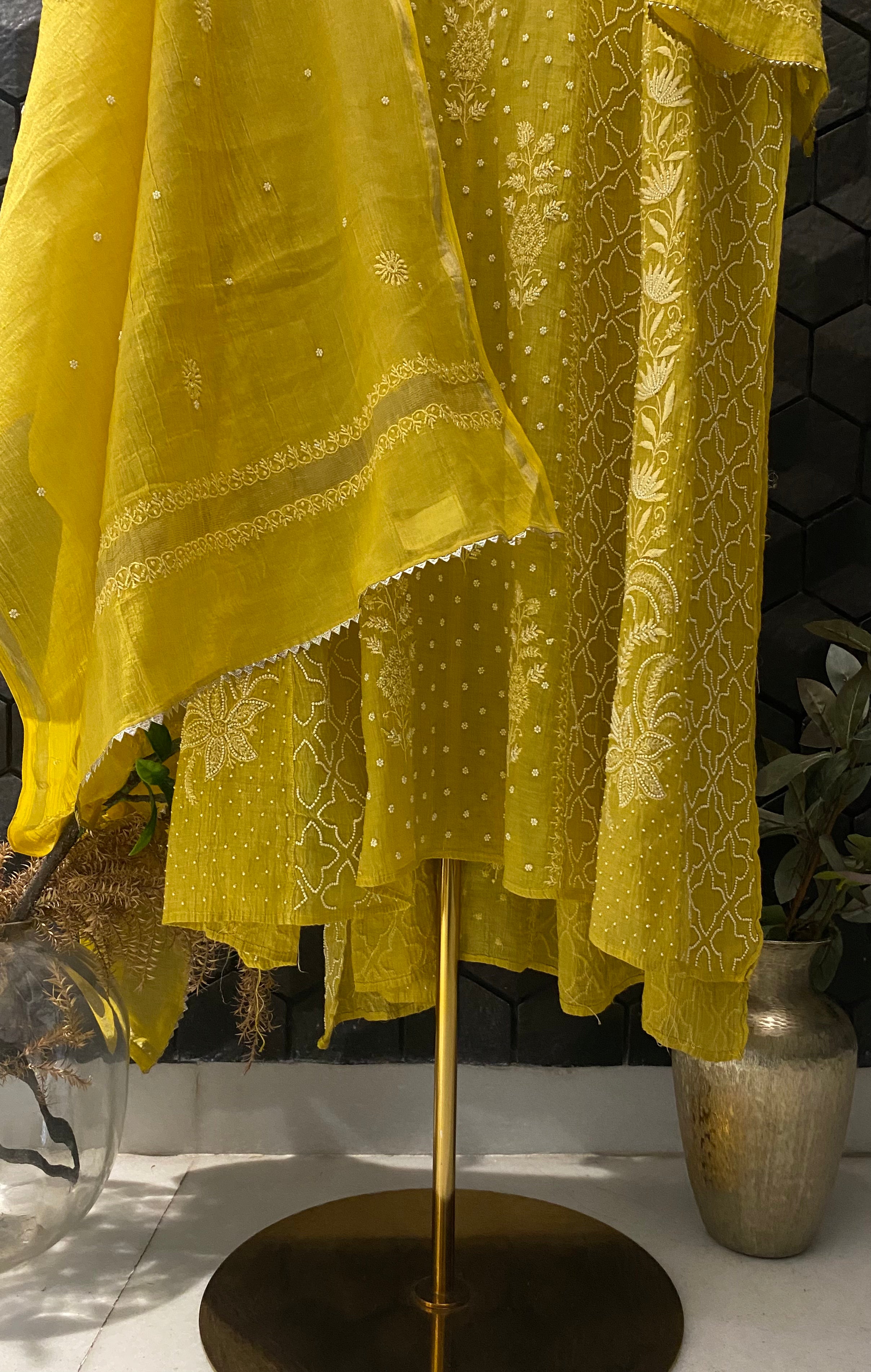 Yellow Silver Tissue Chikankari Anarkali Set
