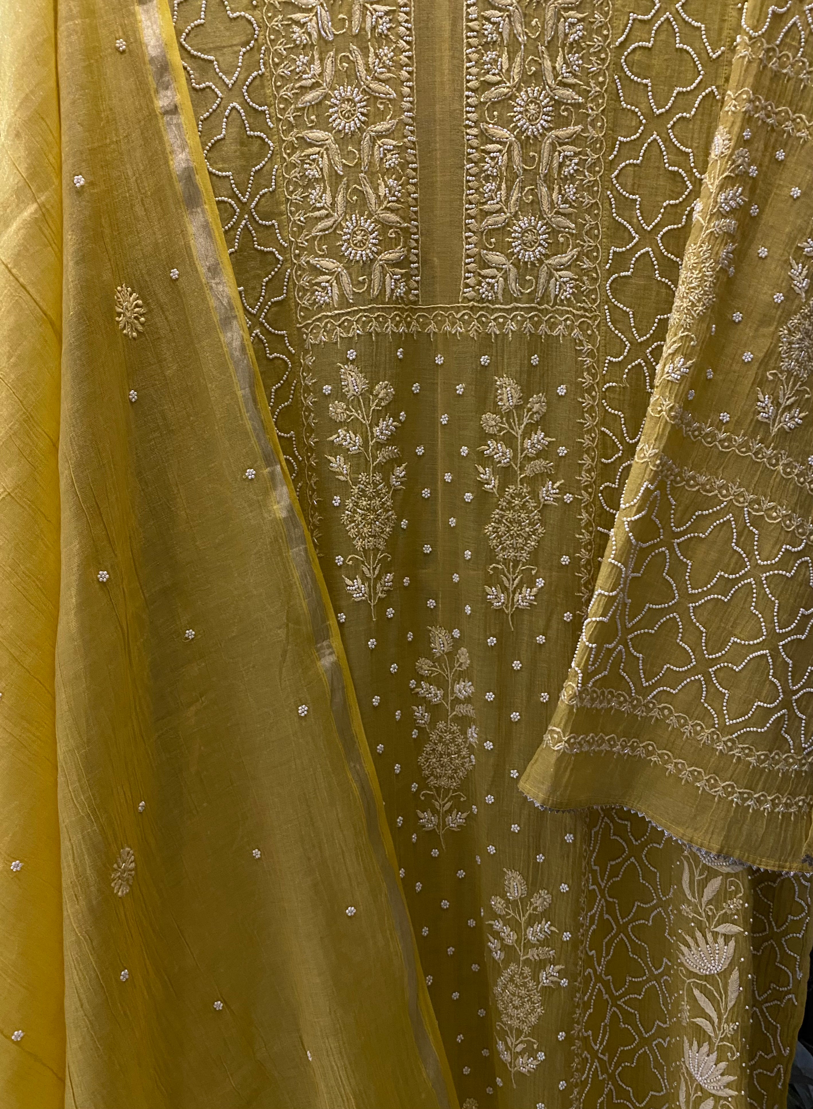 Yellow Silver Tissue Chikankari Anarkali Set