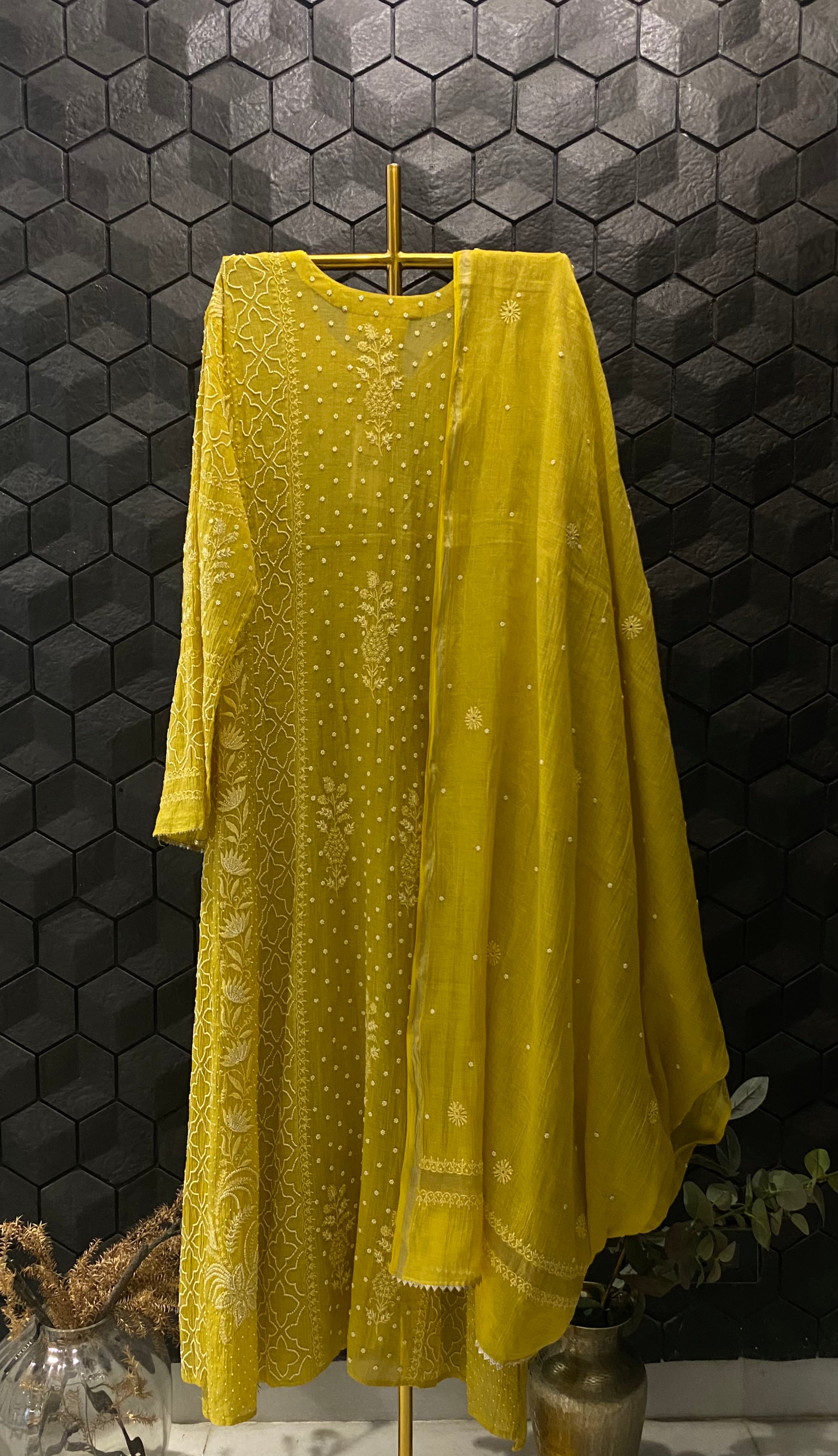 Yellow Silver Tissue Chikankari Anarkali Set