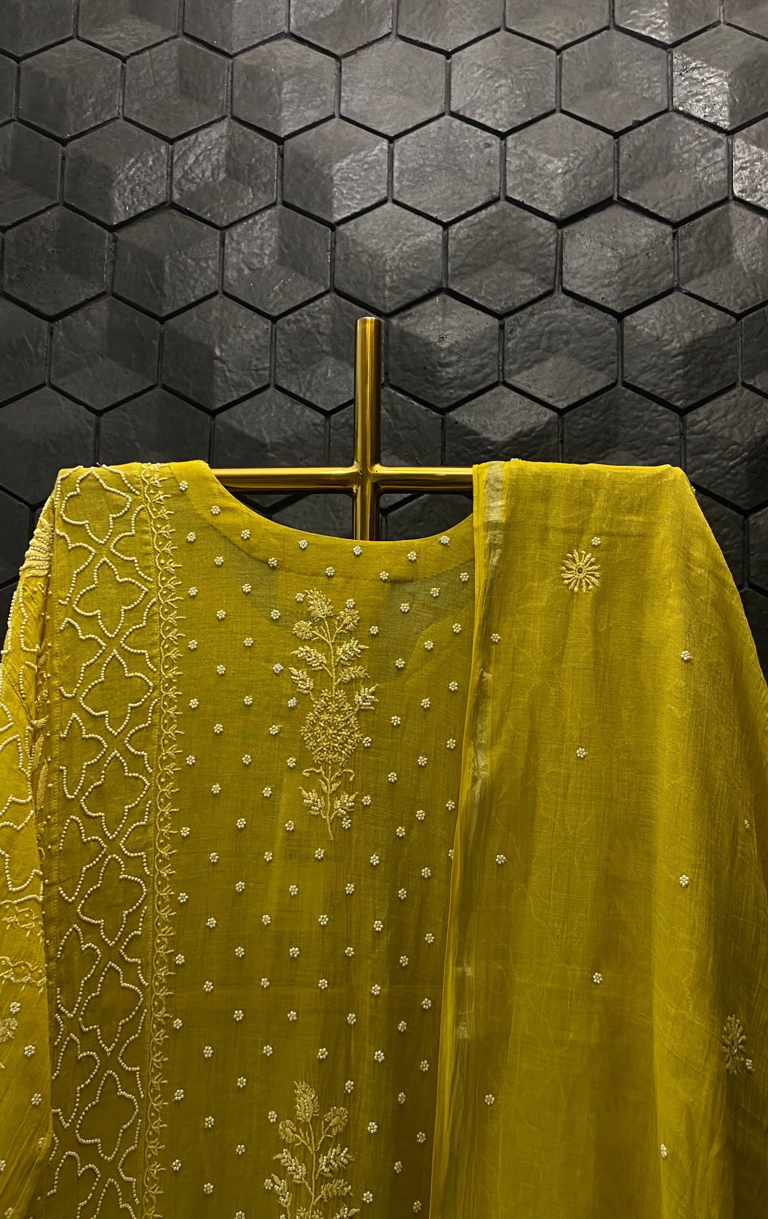 Yellow Silver Tissue Chikankari Anarkali Set