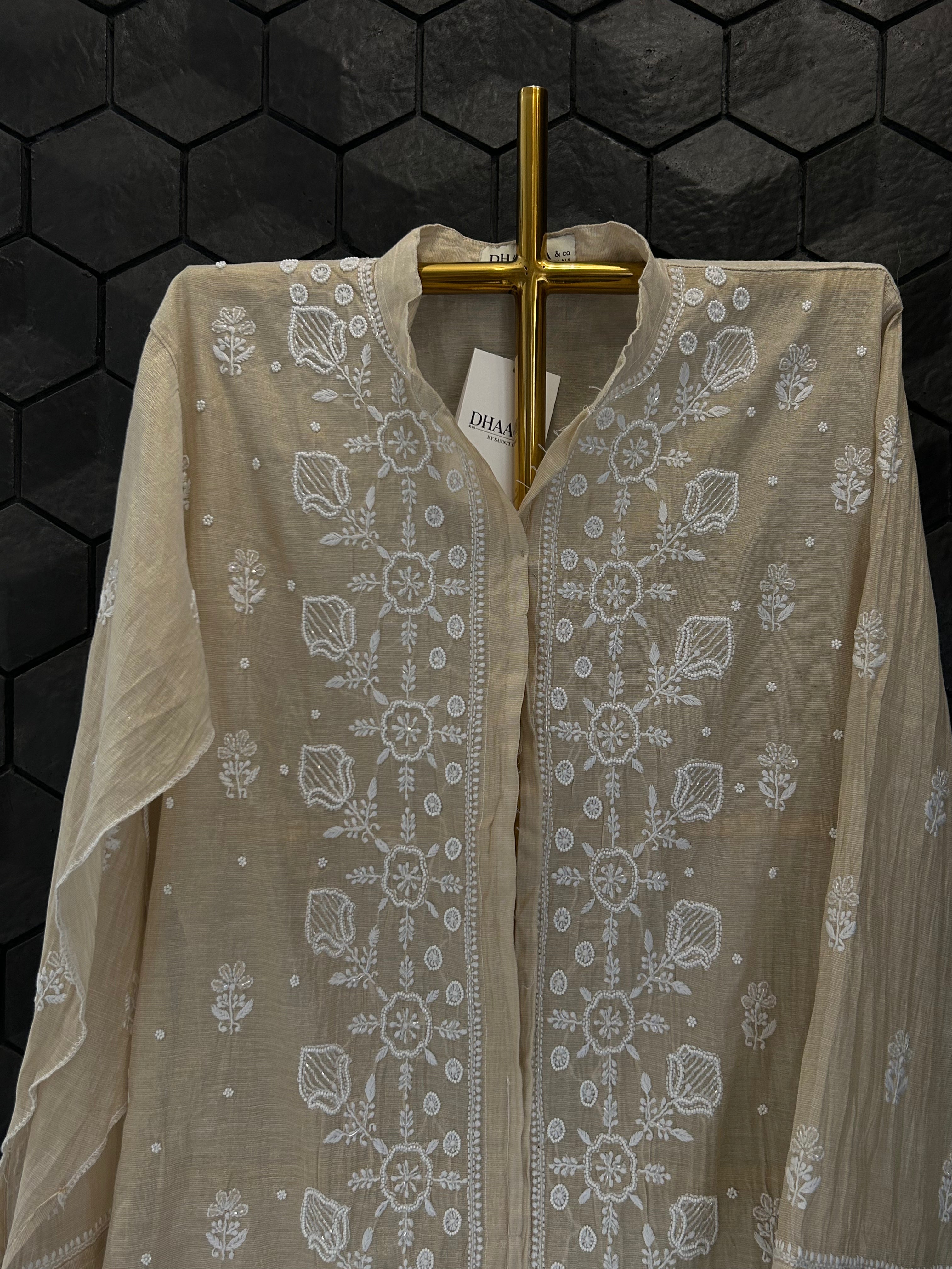 Beige Golden Tissue Chikankari Co-ord sets